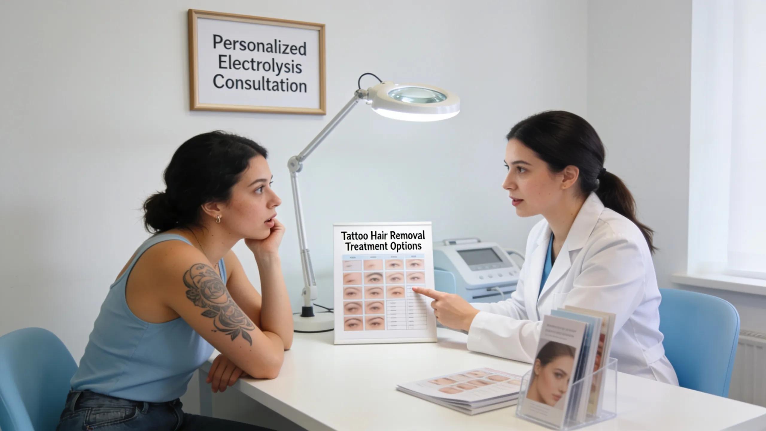 Personalized electrolysis consultation for tattoo hair removal, showcasing a practitioner and client discussing treatment options