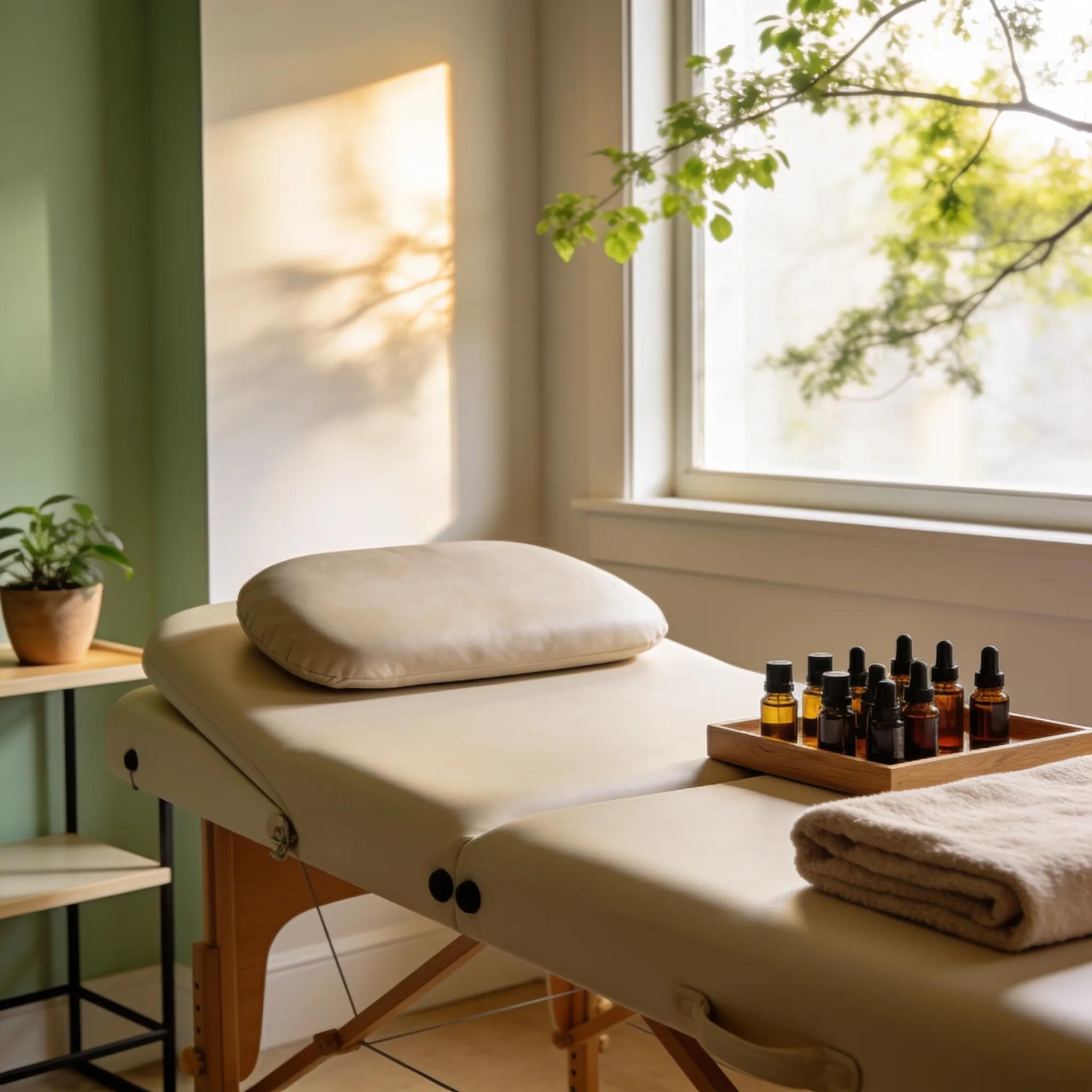 Relaxing therapy room for trigger point therapy with a massage table and soothing atmosphere