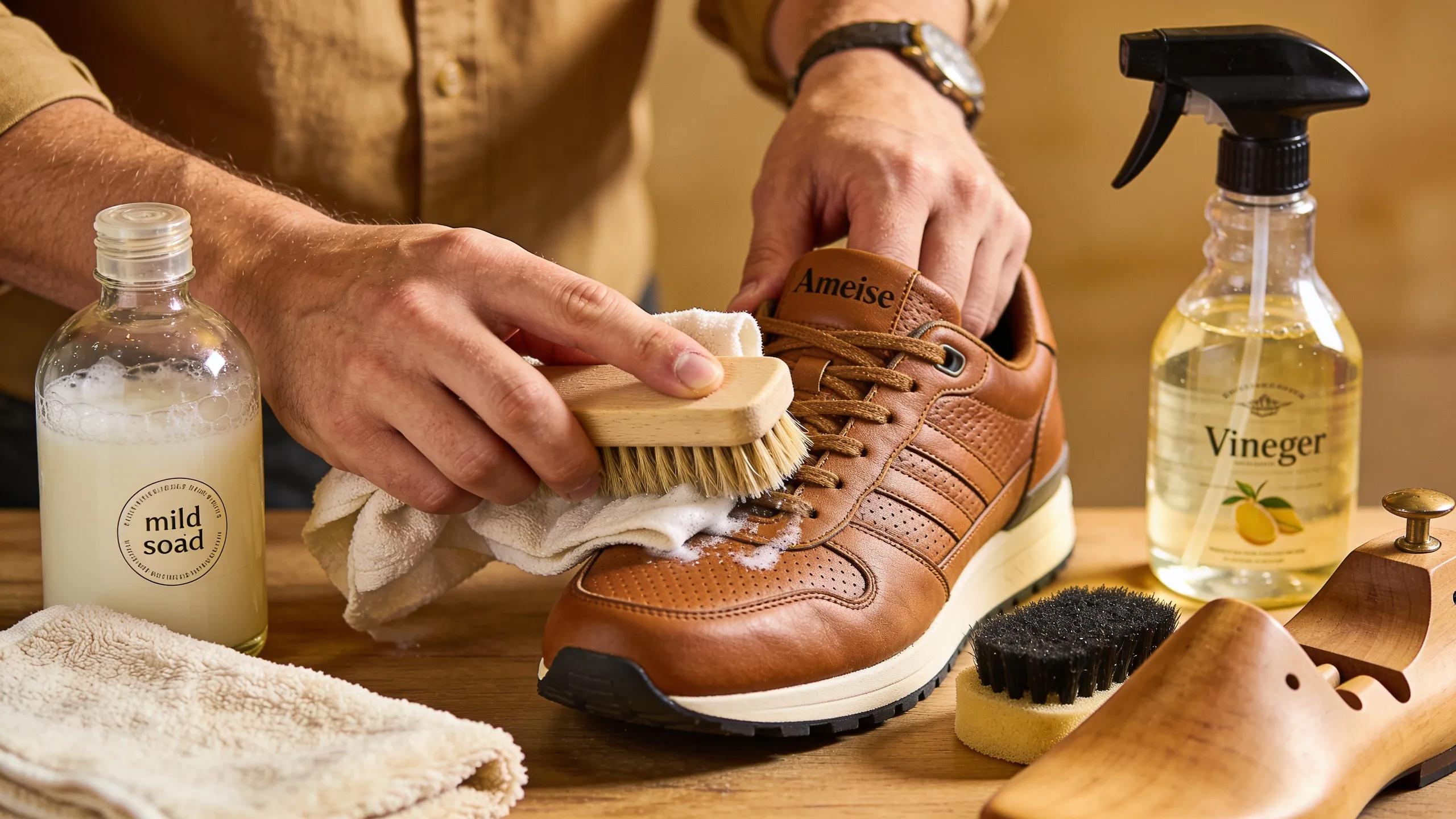 Person cleaning Ameise leather sneaker with eco-friendly products emphasising manual cleaning techniques.