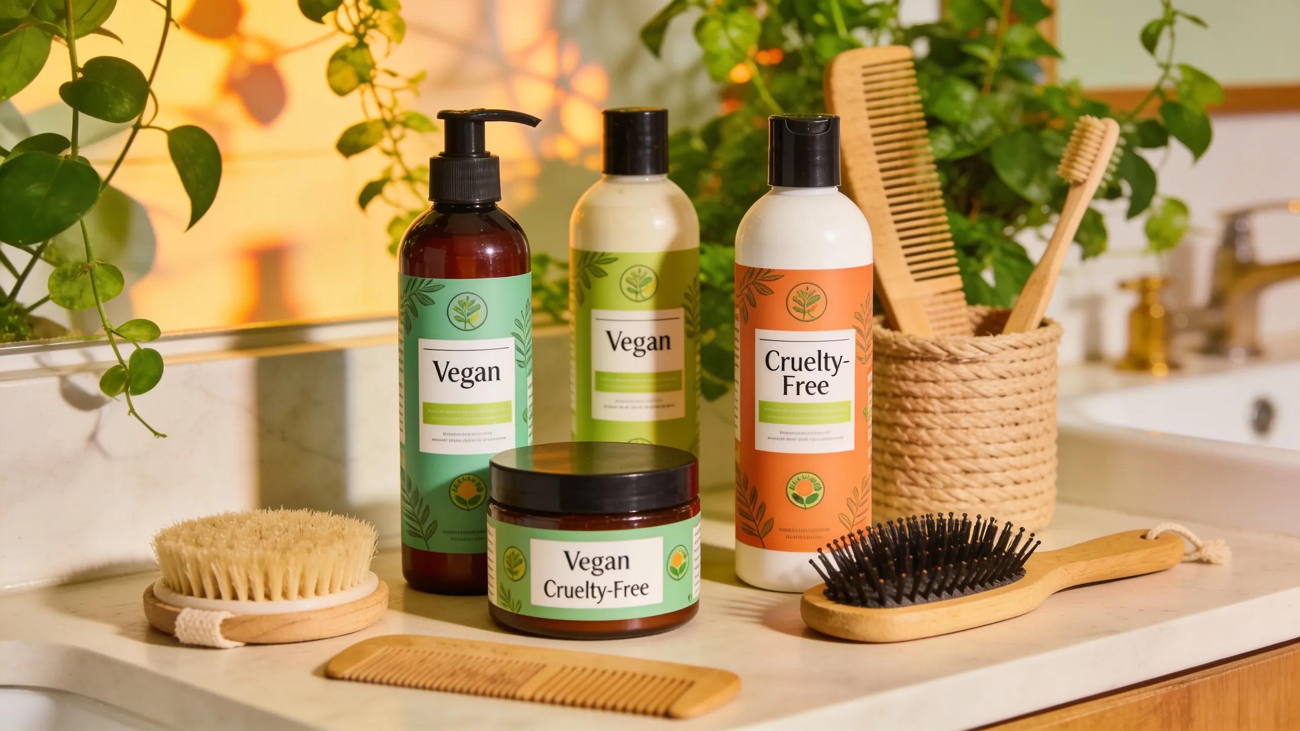 Variety of vegan hair products displayed on a bathroom counter, emphasising eco-friendly beauty choices