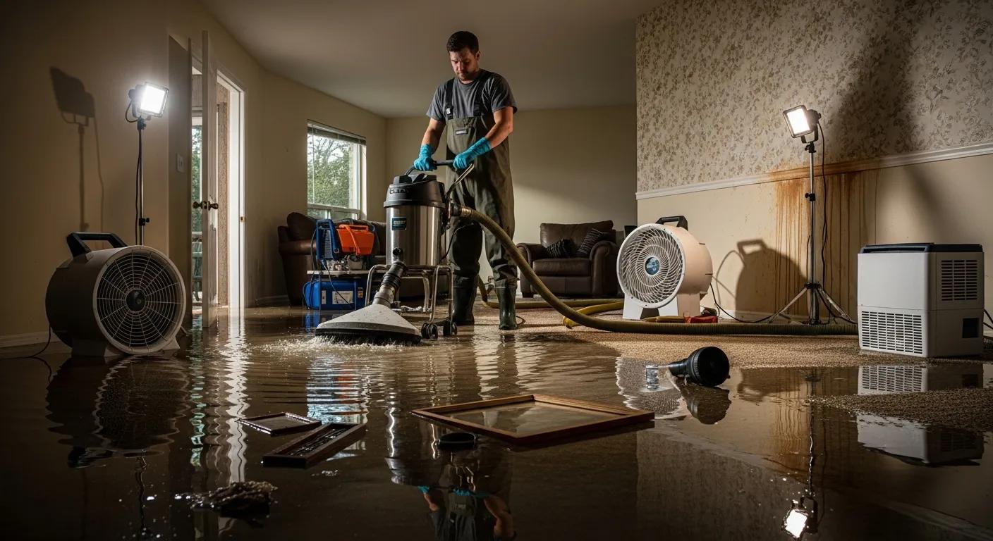 Water damage restoration technician using advanced equipment in a flooded home
