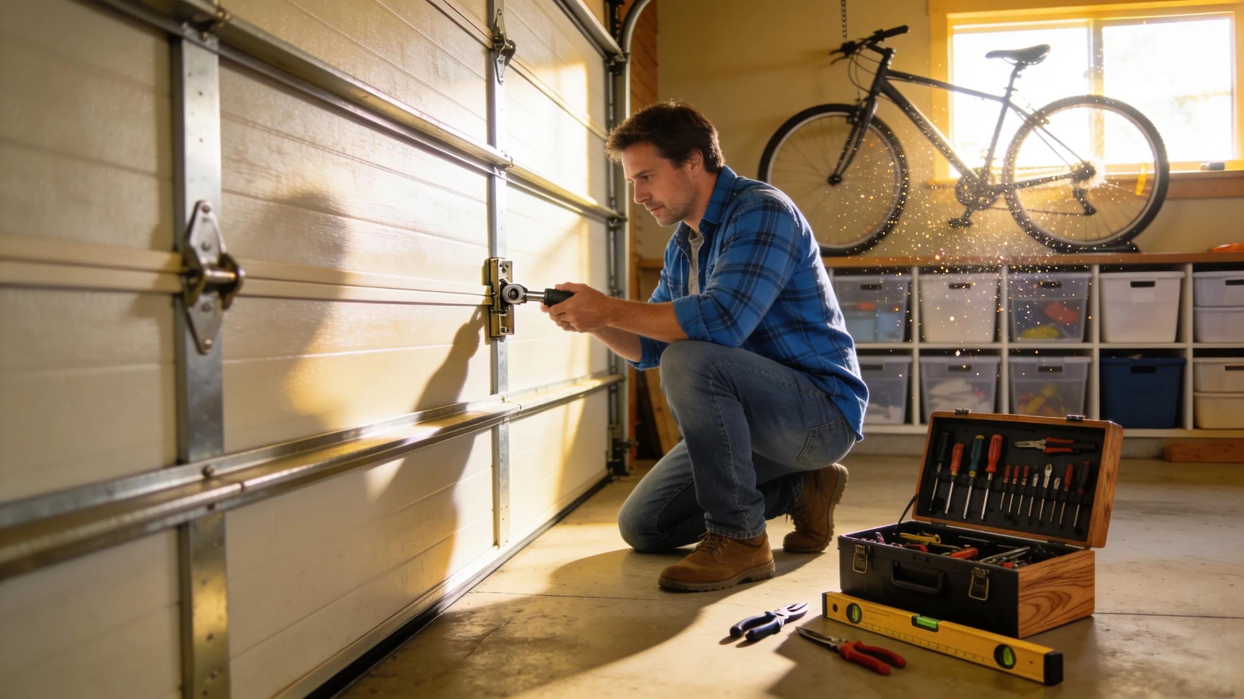 Montreal homeowner performing garage door maintenance with tools in a well-lit garage