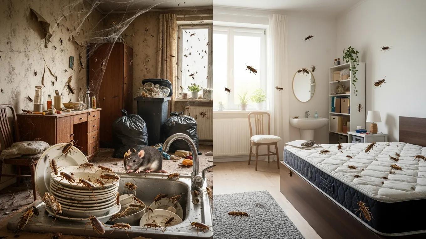 side by side image of pest infested room before and after