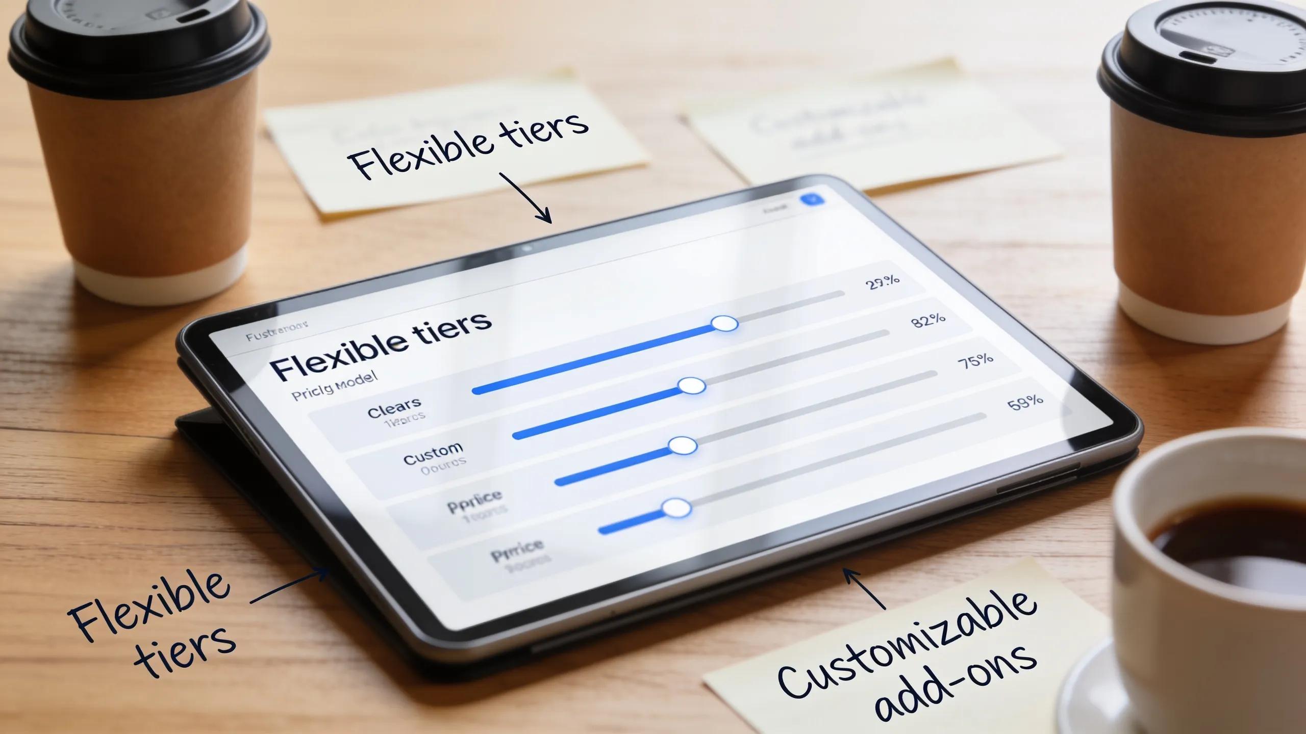 Tablet displaying tiered pricing model with customizable add-ons and flexible options.