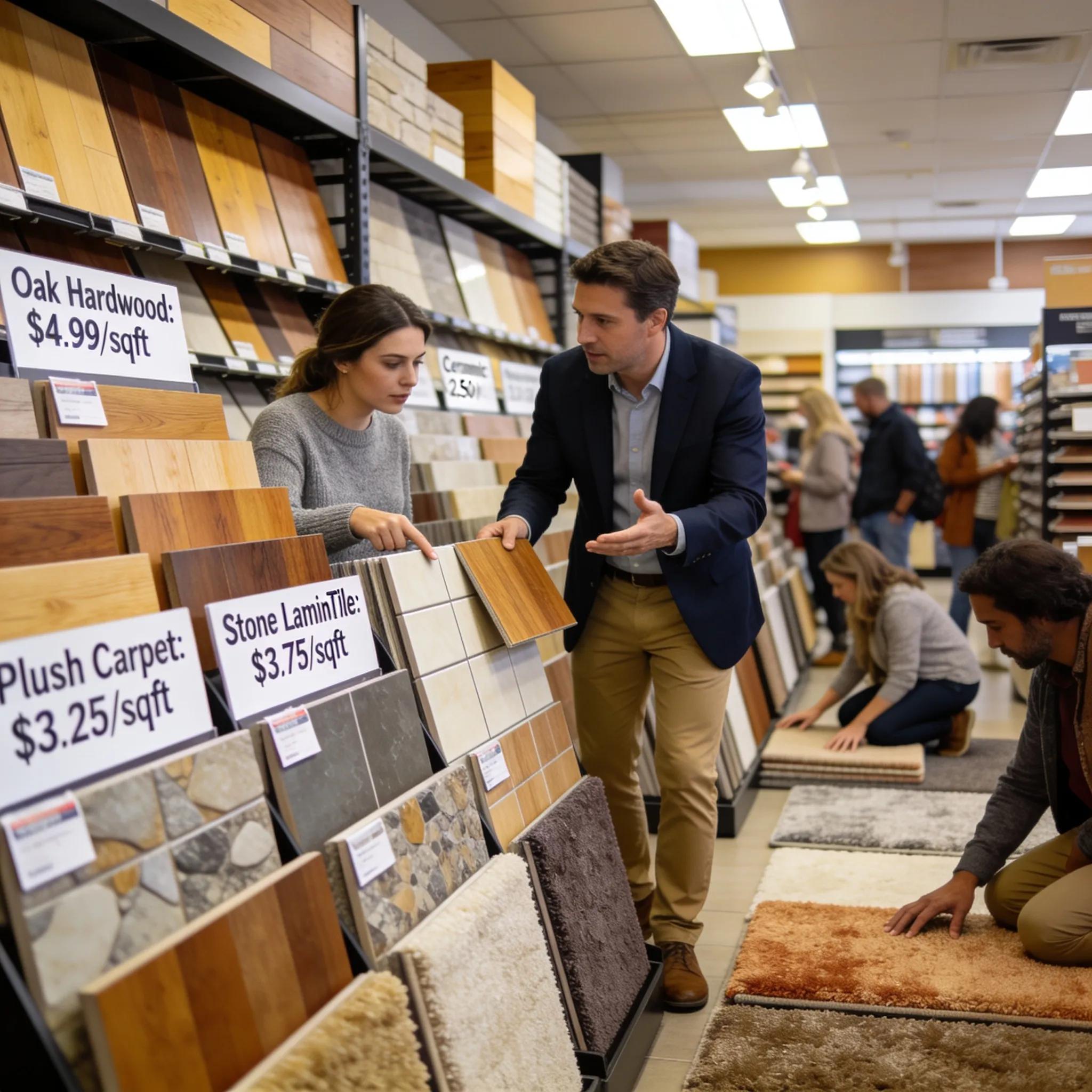 Flooring showroom with a variety of materials and price tags, reflecting current price pressures.