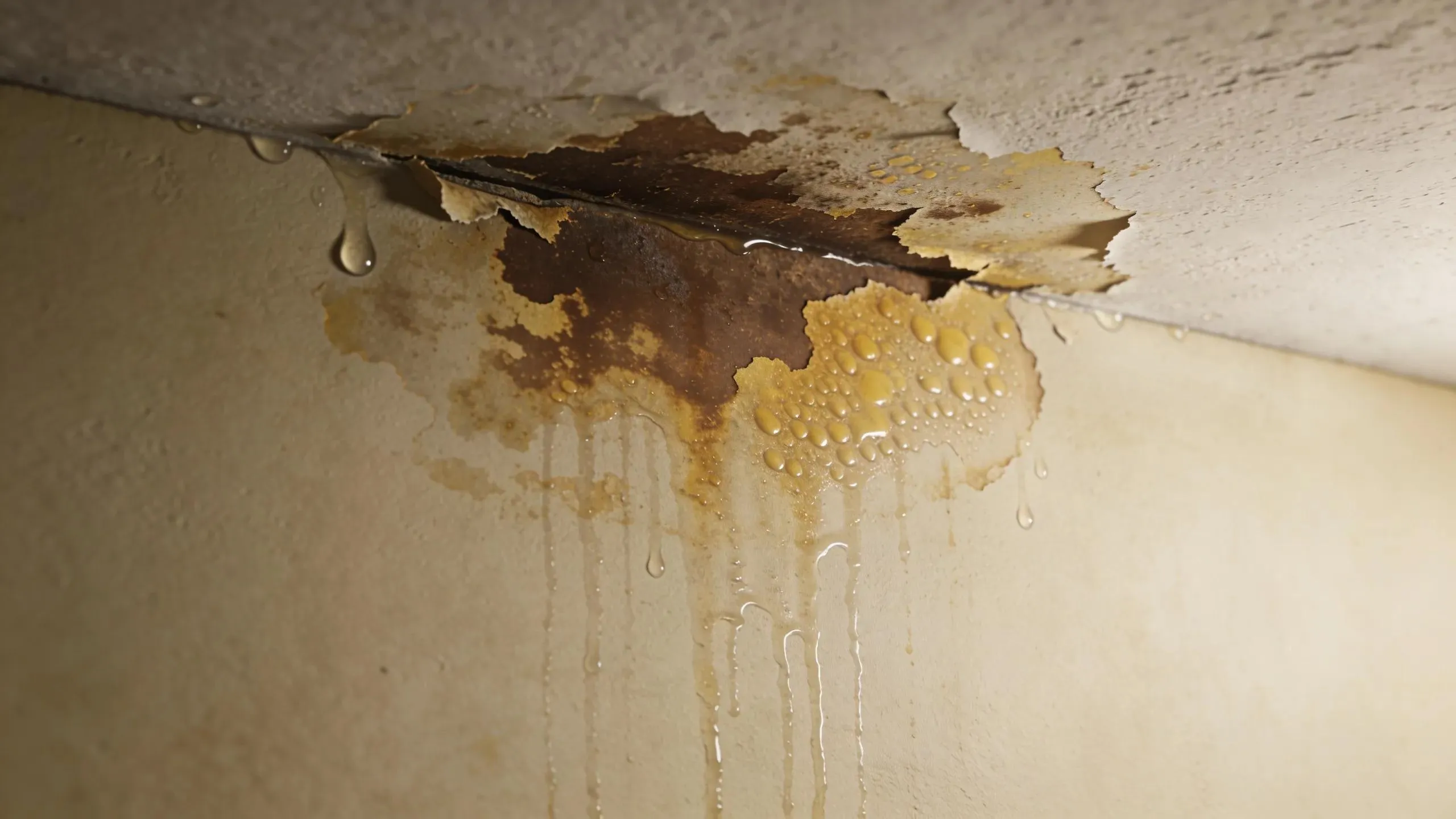 Roof water damage with peeling paint and visible leaks indicating repair or replacement needs
