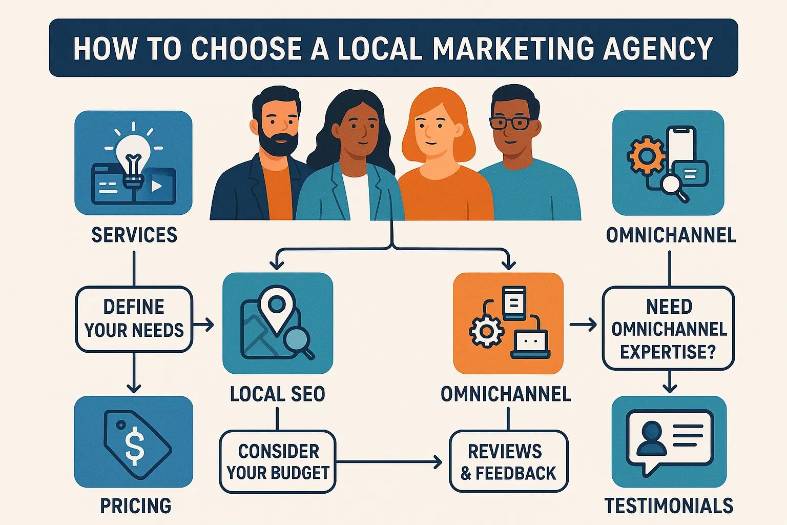Infographic titled "How to Choose a Local Marketing Agency" featuring diverse characters, flowchart elements for defining needs, local SEO, pricing, omnichannel strategies, and reviews.