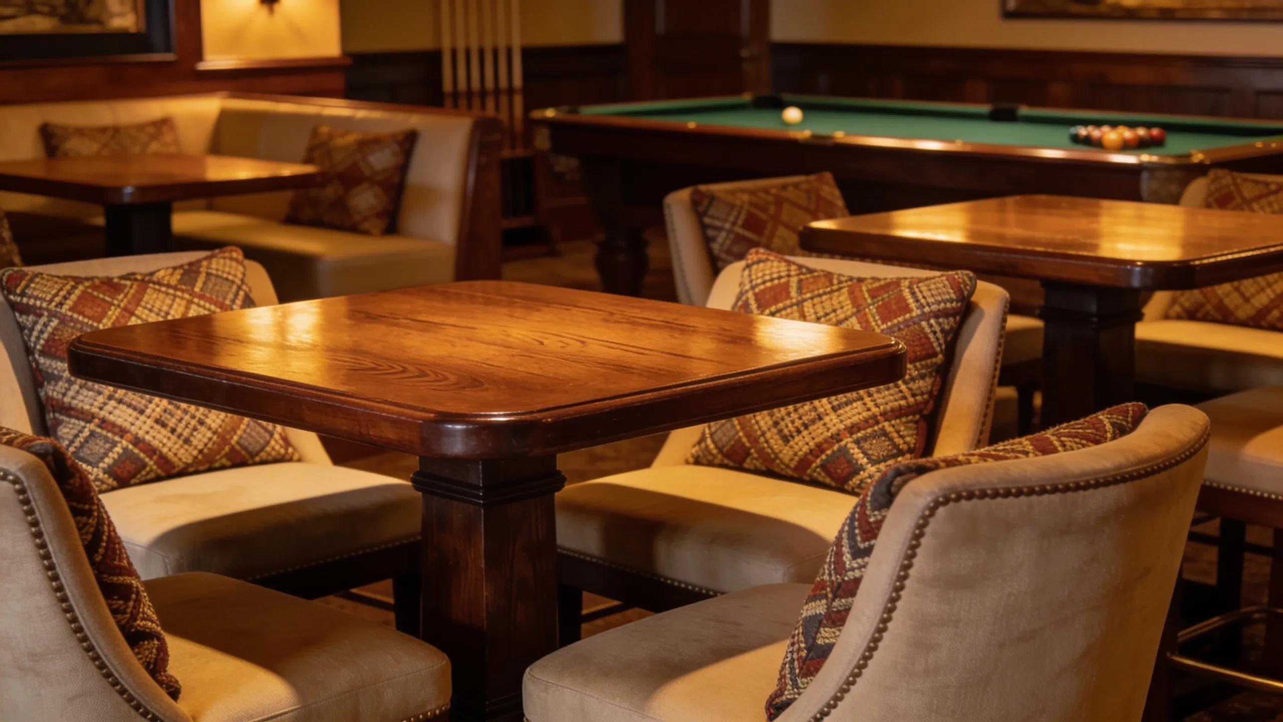 Elegant pub tables and comfortable seating in a well-designed game room showcasing quality furnishings