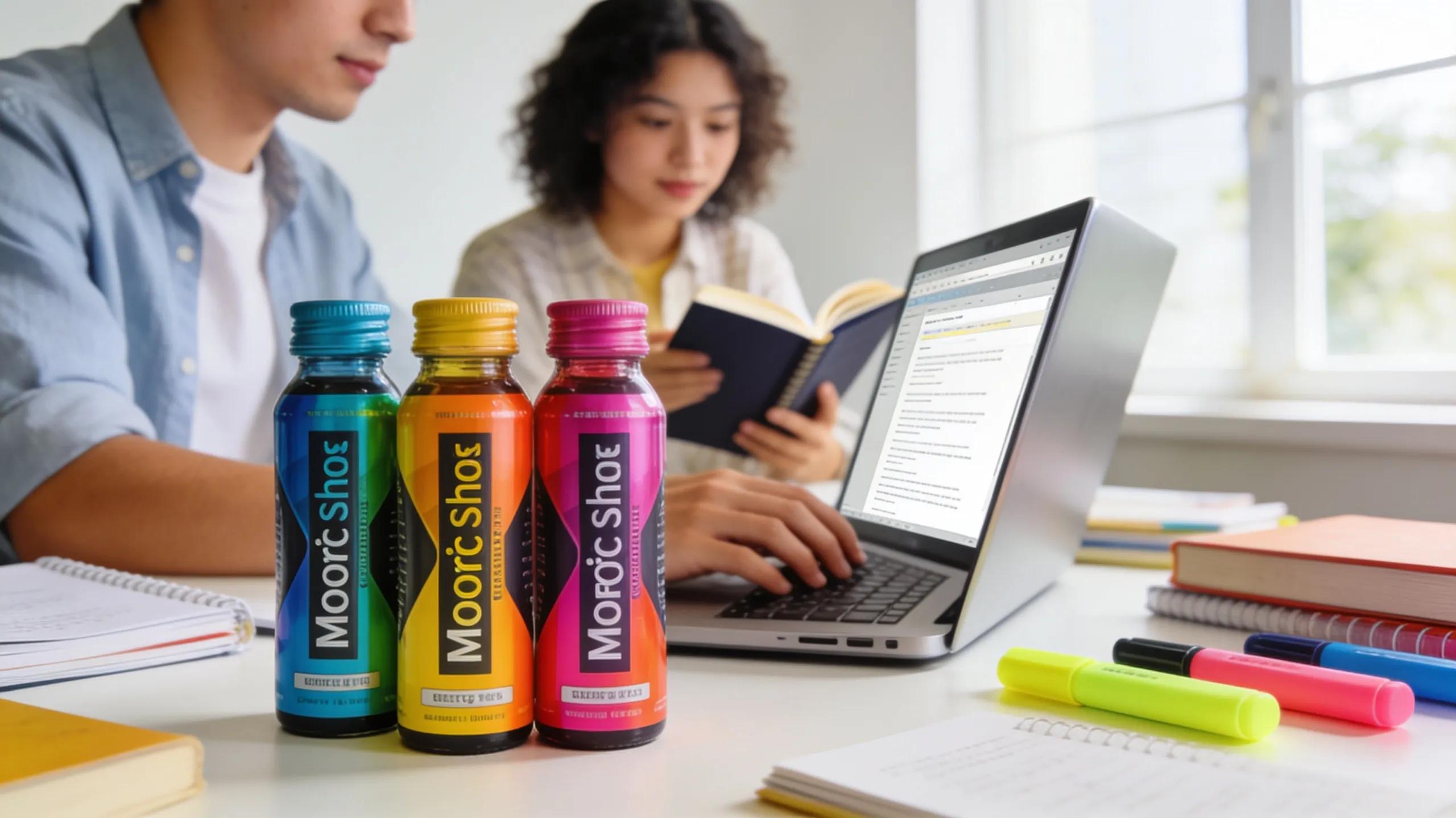 Colorful nootropic energy shots arranged on a desk next to a laptop, symbolizing enhanced cognitive performance.