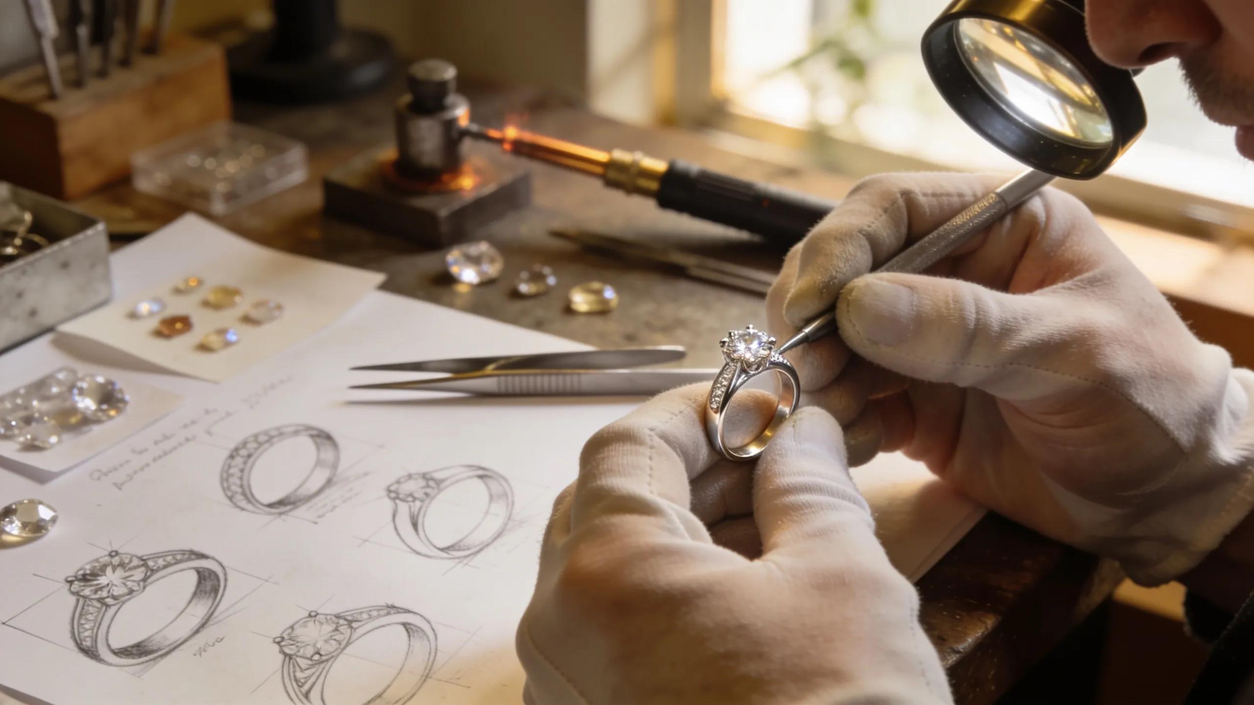 Jeweler designing a custom engagement ring, illustrating the intricate process of personalized jewelry making Jeweler designing a custom engagement ring, illustrating the intricate process of personalized jewelry making