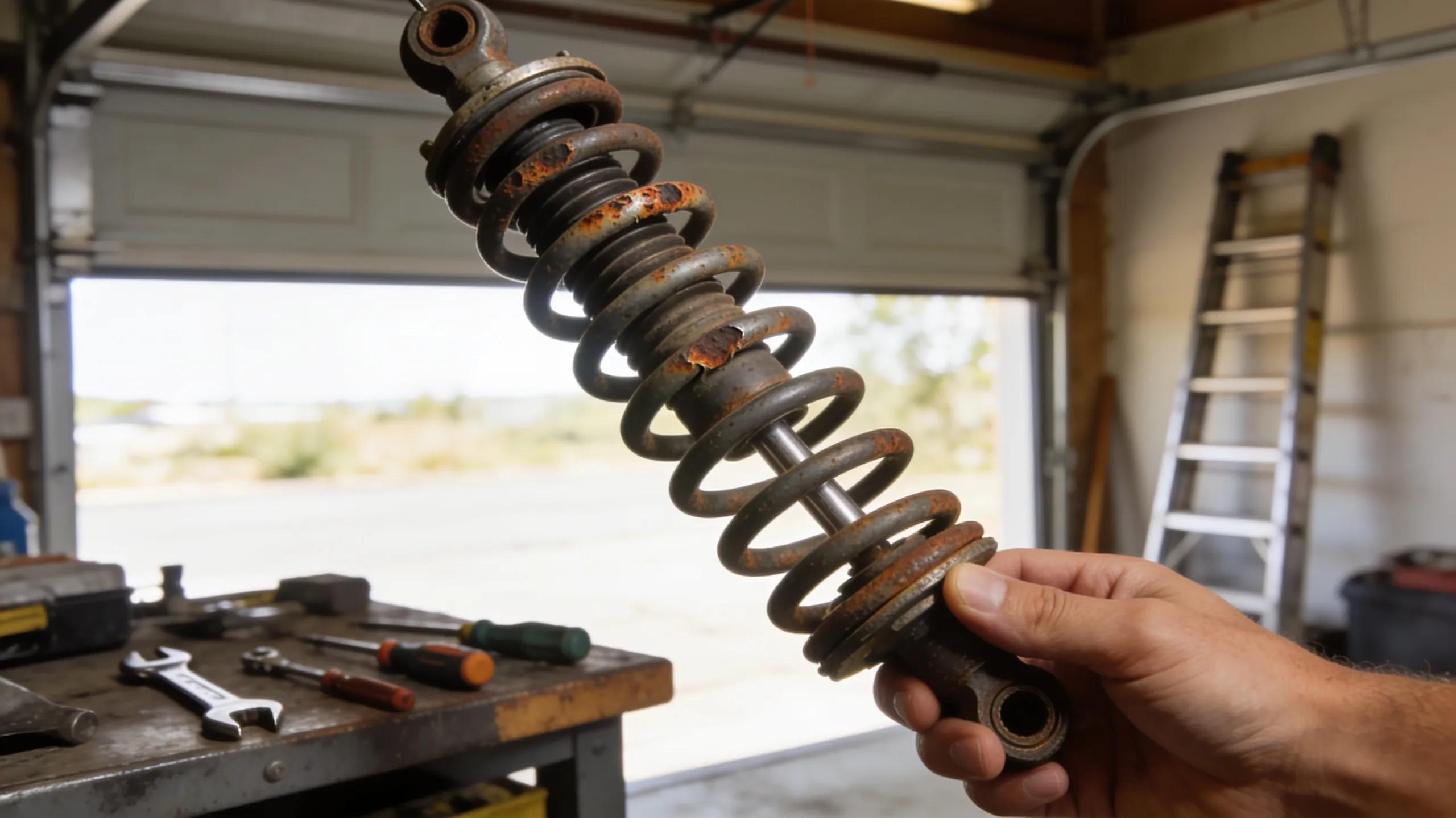 Close-up of a garage door spring inspection, highlighting wear signs like rust, essential for safety