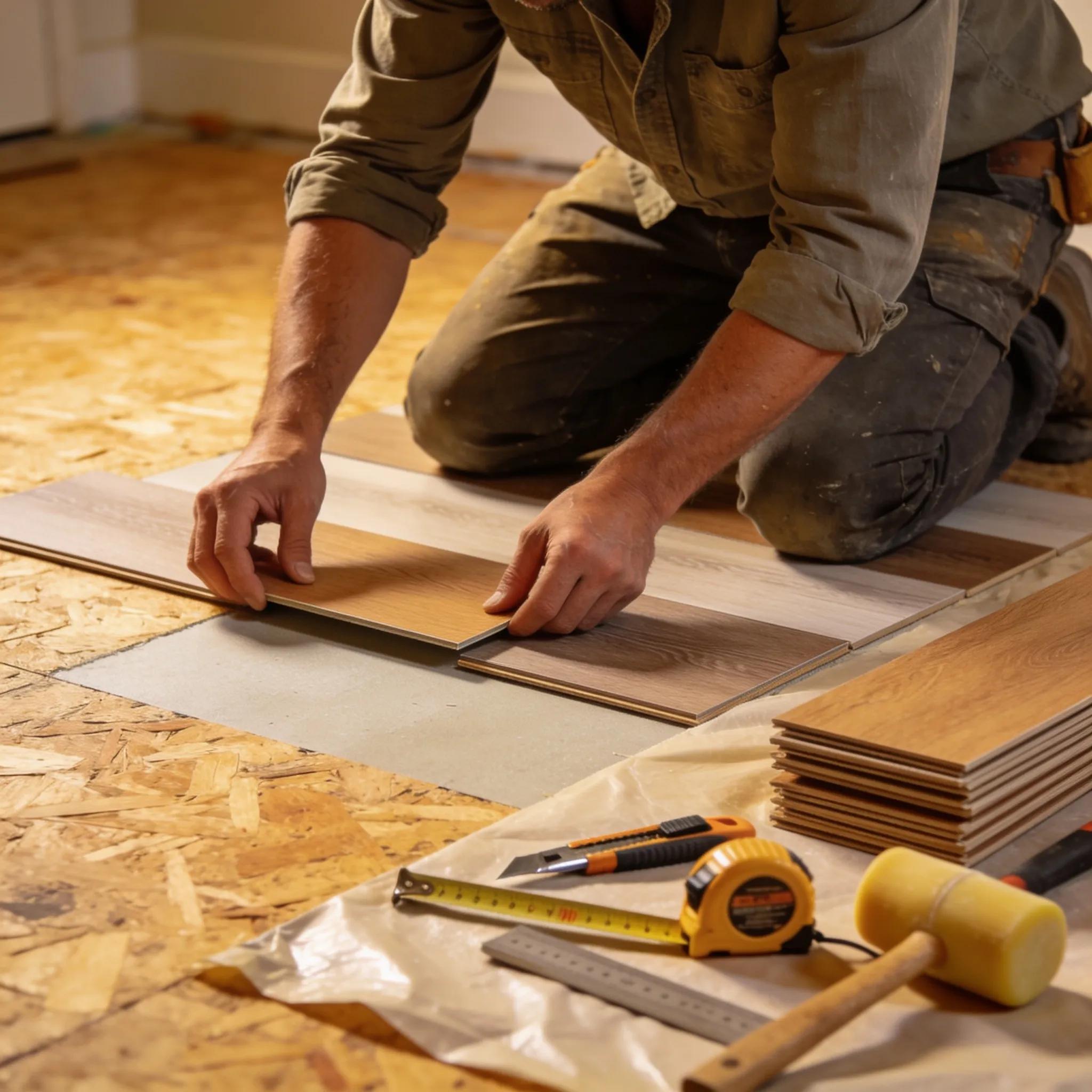 Homeowner installing DIY laminate and vinyl planks, demonstrating hands-on installation