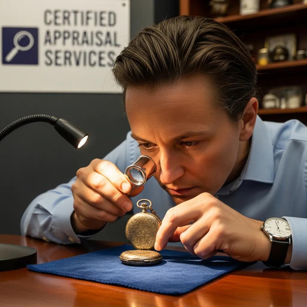Appraiser inspecting a vintage object with a loupe, underlining the value of verified appraisal services