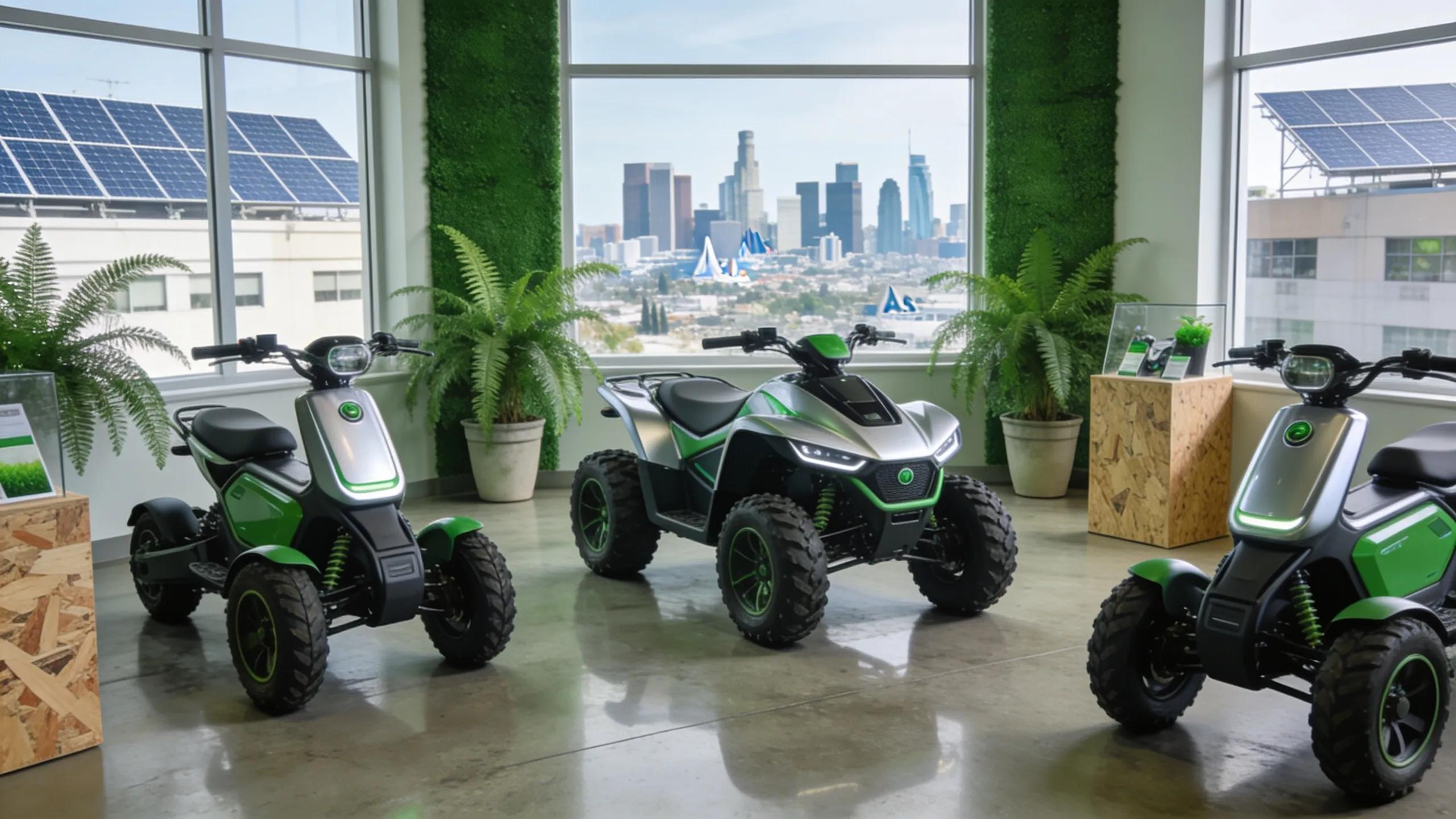 Selection of electric ATVs in a Los Angeles showroom highlighting eco-friendly options available