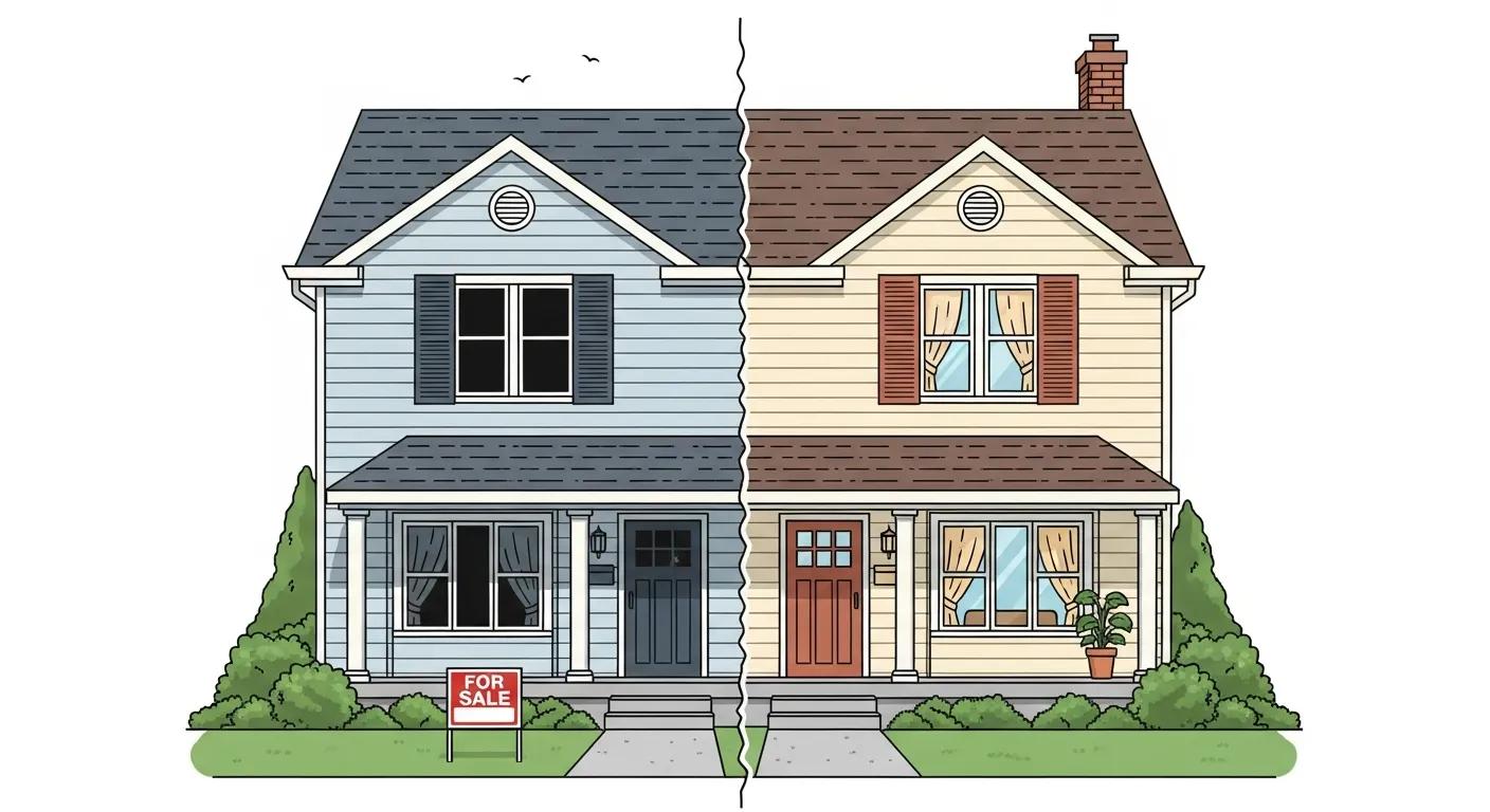 Illustration of a split house representing joint tenancy division in divorce