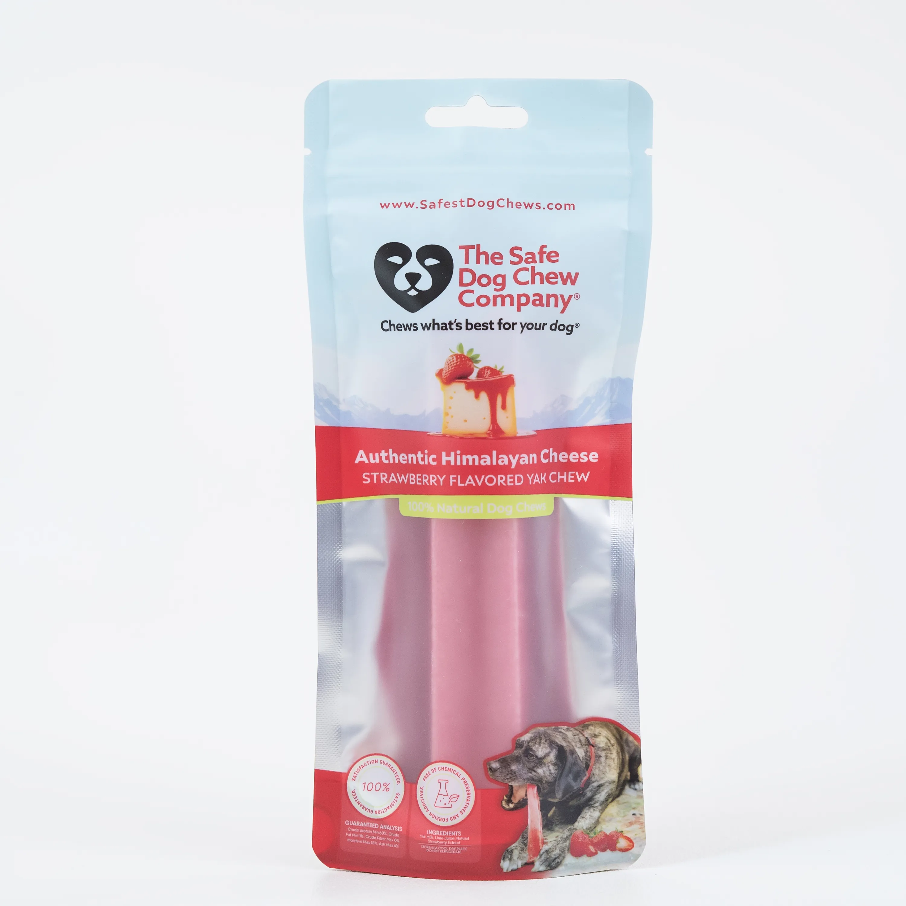 Strawberry flavored Himalayan cheese chew for dogs in a clear packaging