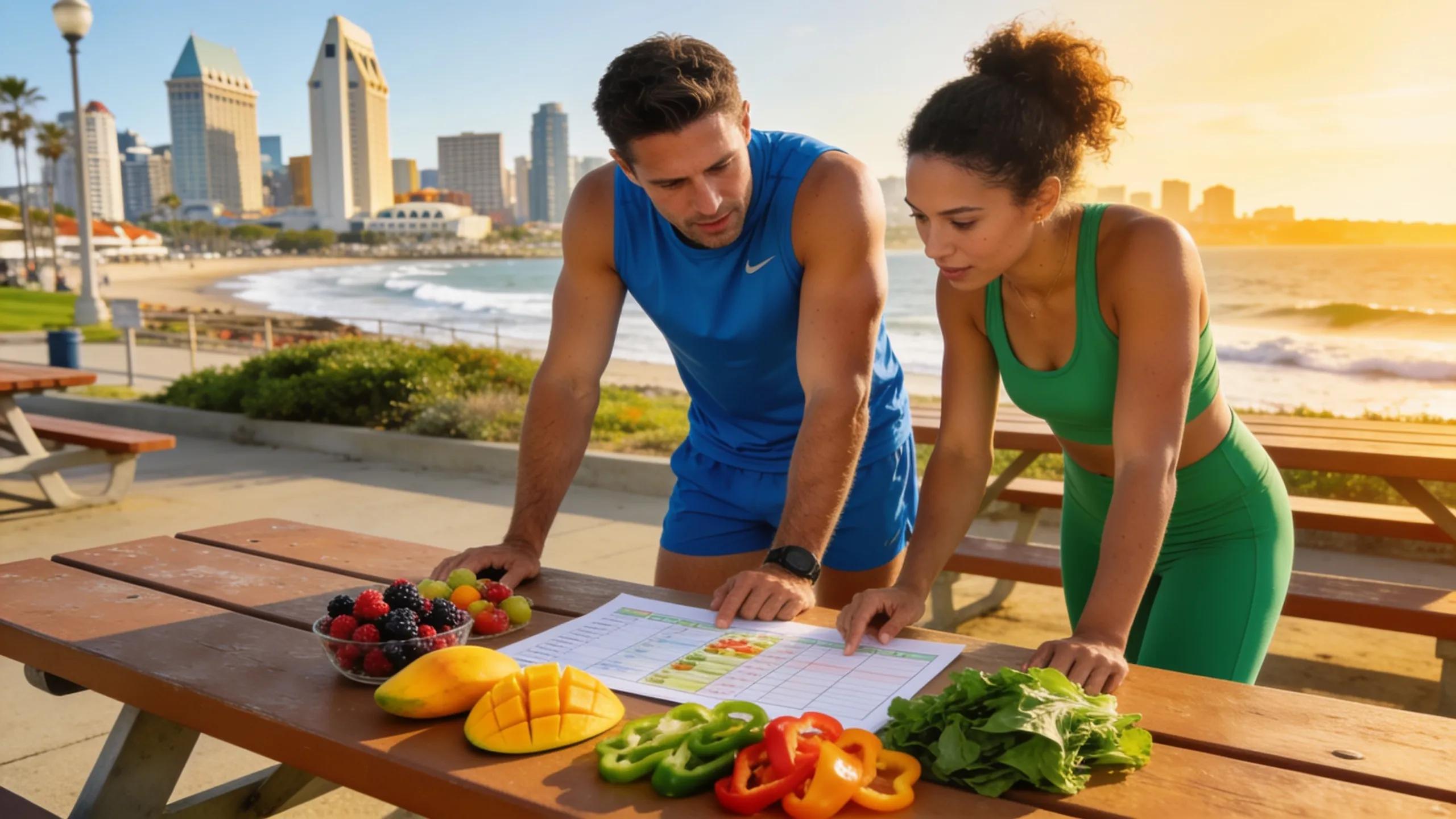 Personal trainer discussing nutritional guidance with a client outdoors in San Diego