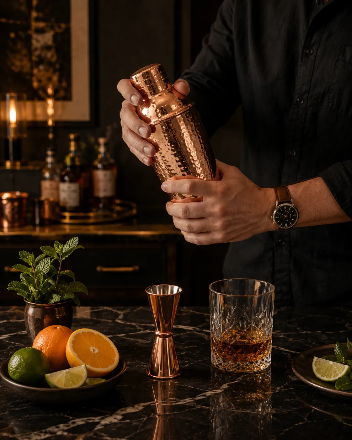 Close-up of a Boston cocktail shaker displaying its unique two-tin design with cocktail ingredients