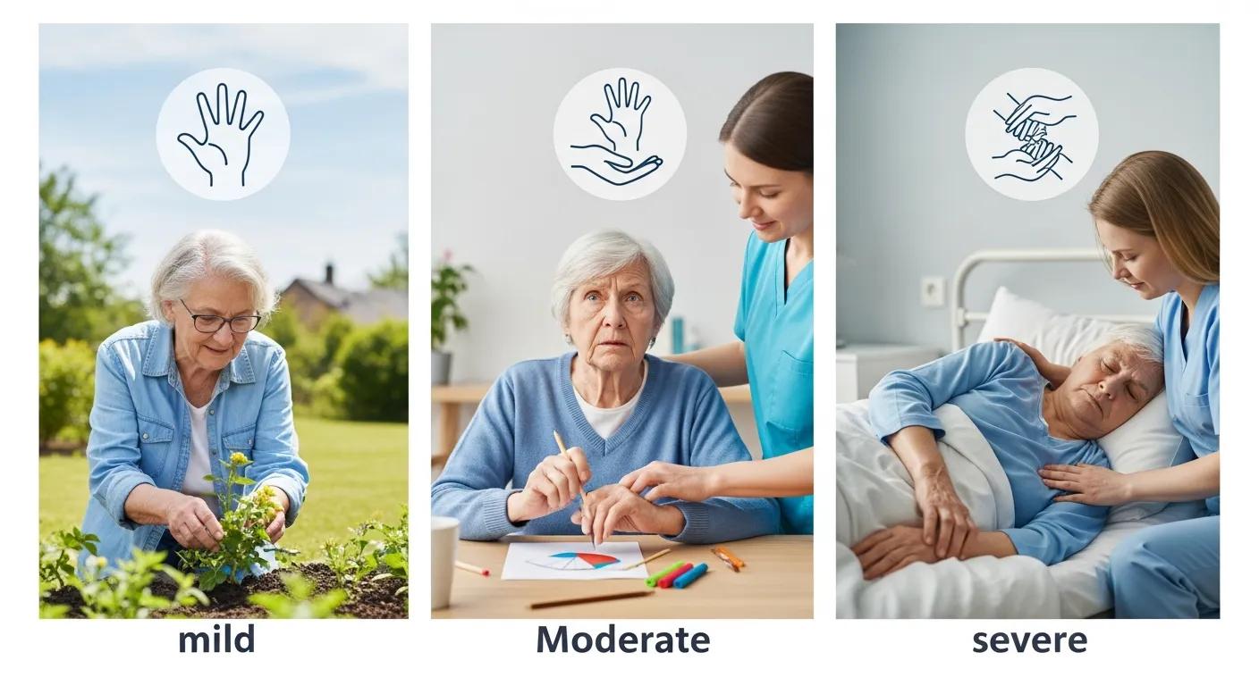 Visual representation of mild, moderate, and severe dementia care levels with symbols for independence and assistance