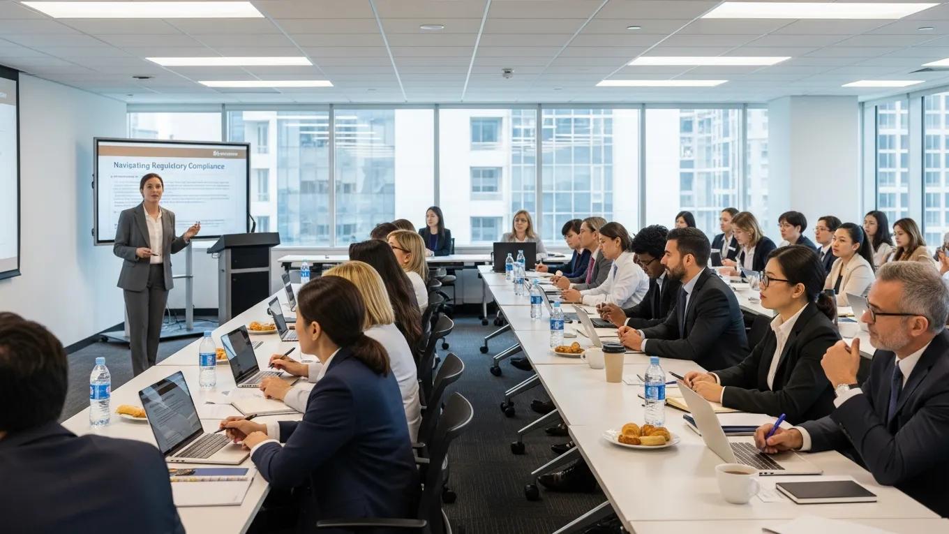 Hyper-realistic image of a compliance training seminar with business professionals
