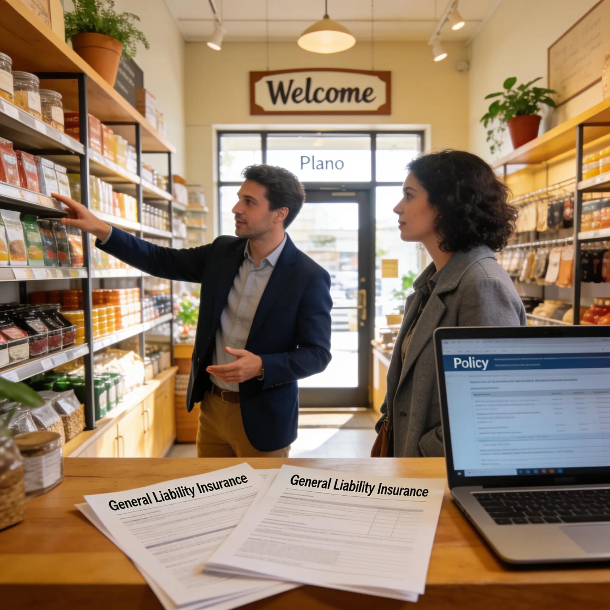 Small business owners discussing general liability insurance, showcasing a retail environment in Plano