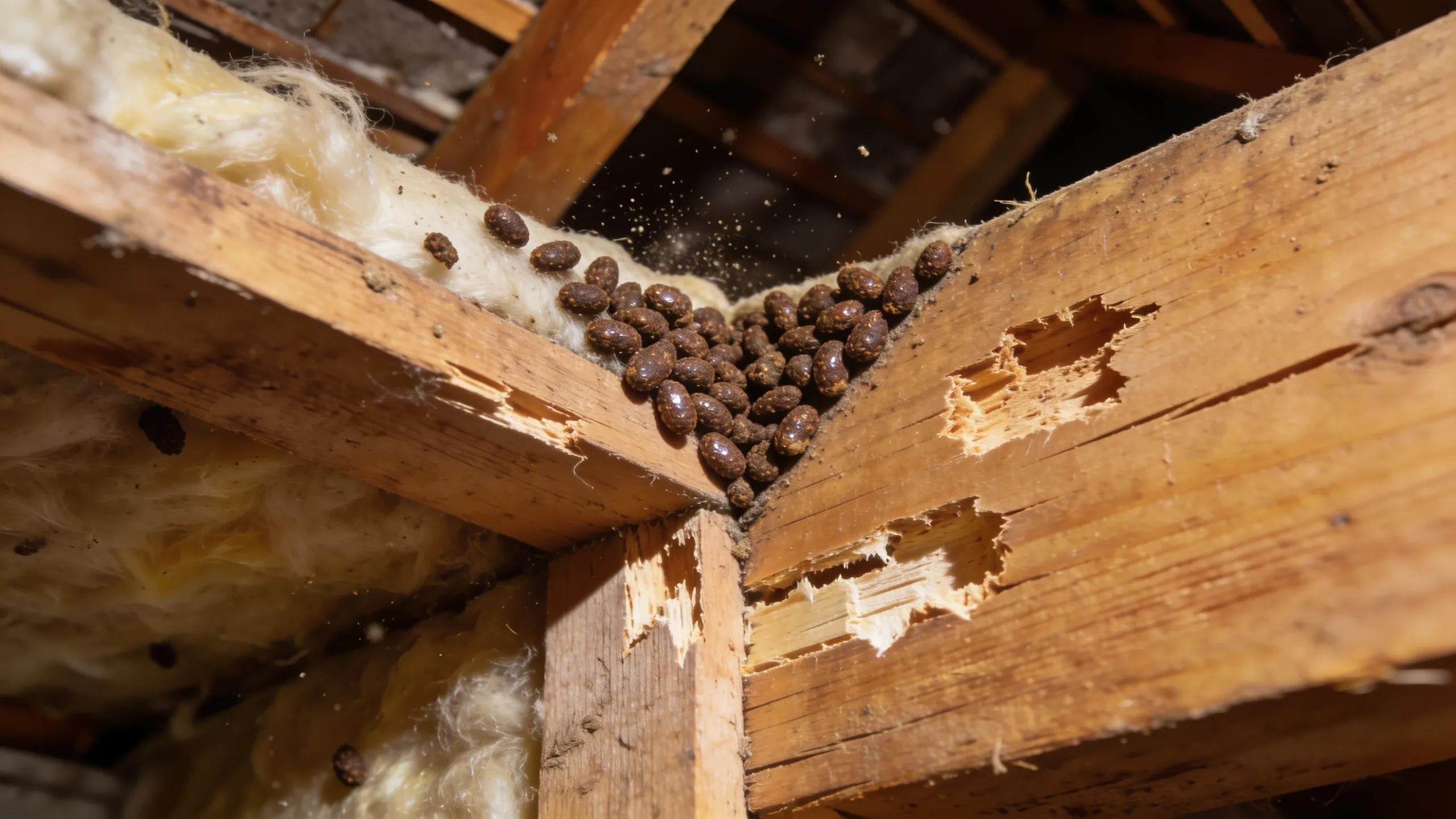 Signs of flying squirrel activity, including droppings and chew marks in an attic