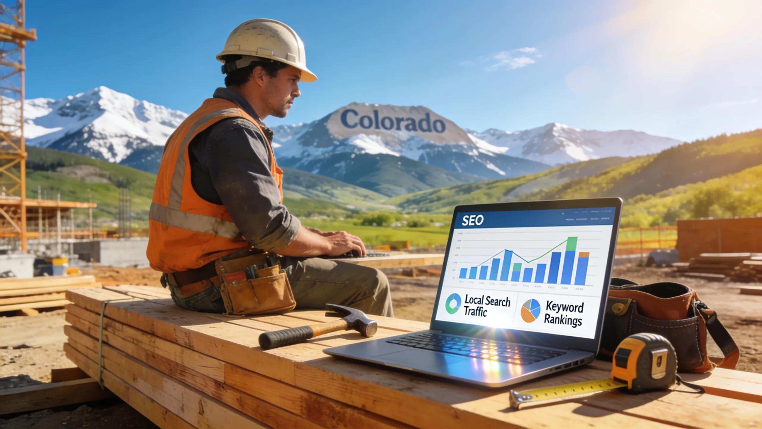 Contractor reviewing local SEO metrics on a laptop at a Colorado site