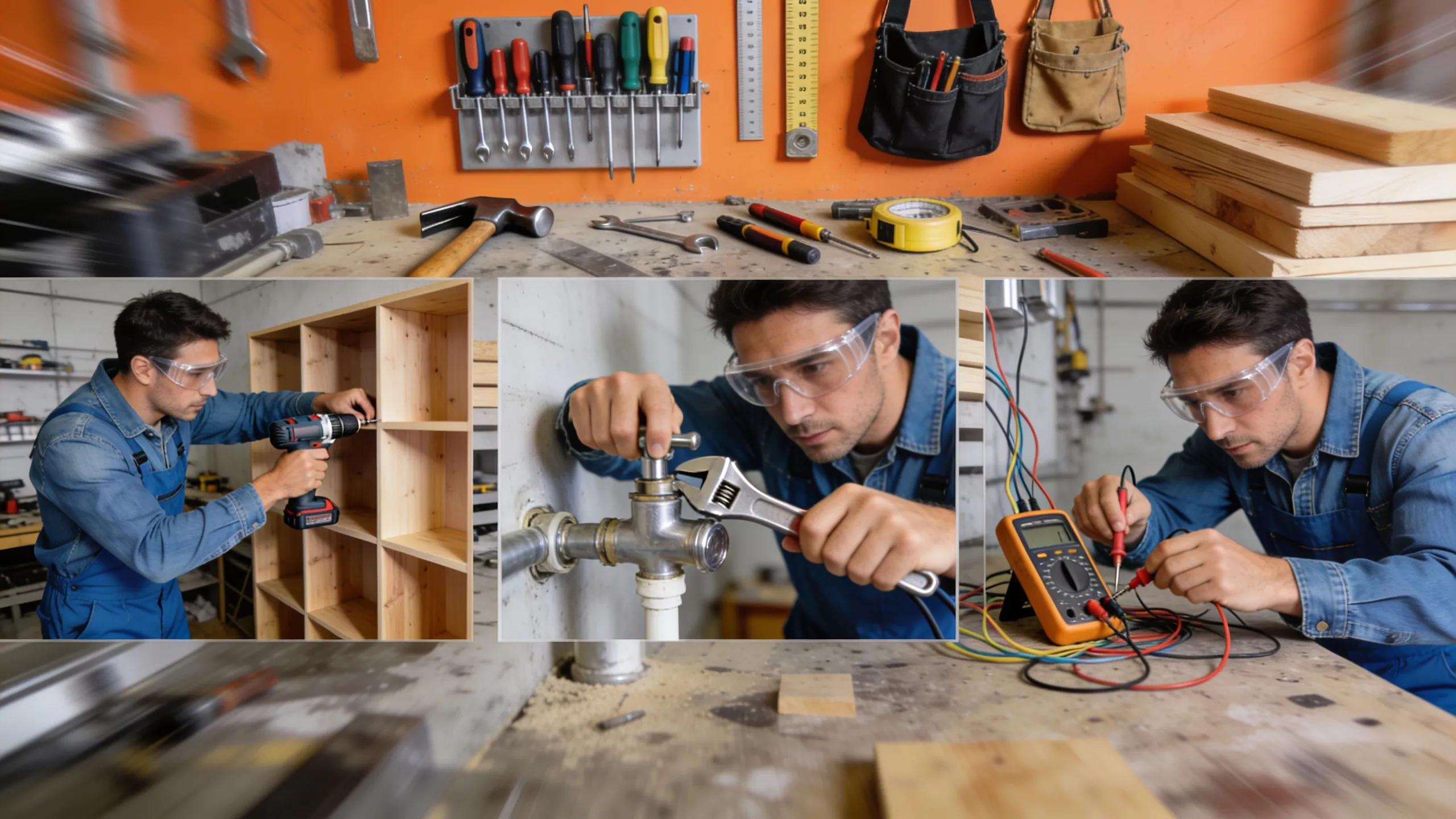 Handyman showing various types of household repairs, including furniture assembly and plumbing work in a workshop