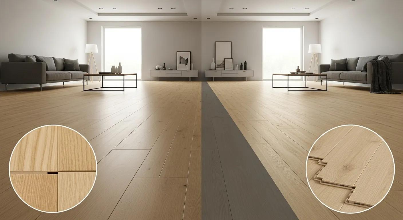 Comparison of glue‑down and click‑lock flooring in a contemporary room