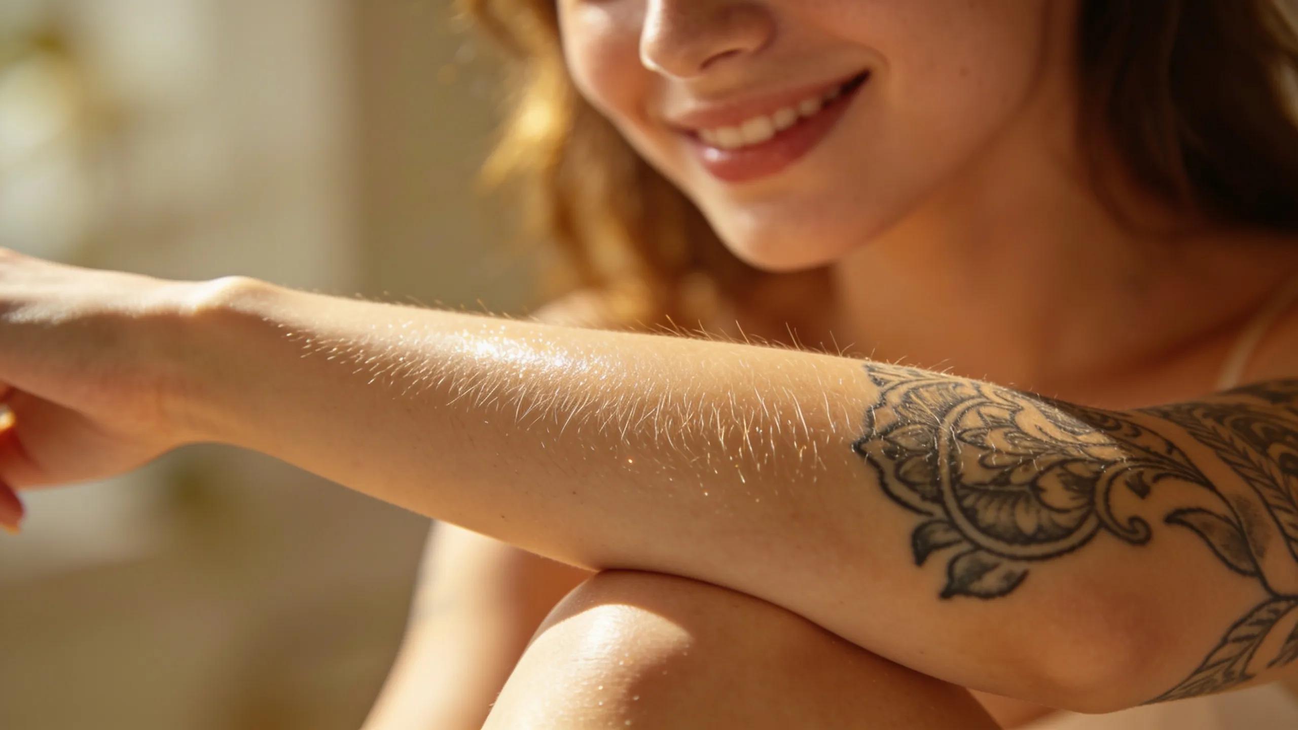 Satisfied individual displaying tattooed skin after successful electrolysis treatment for hair removal