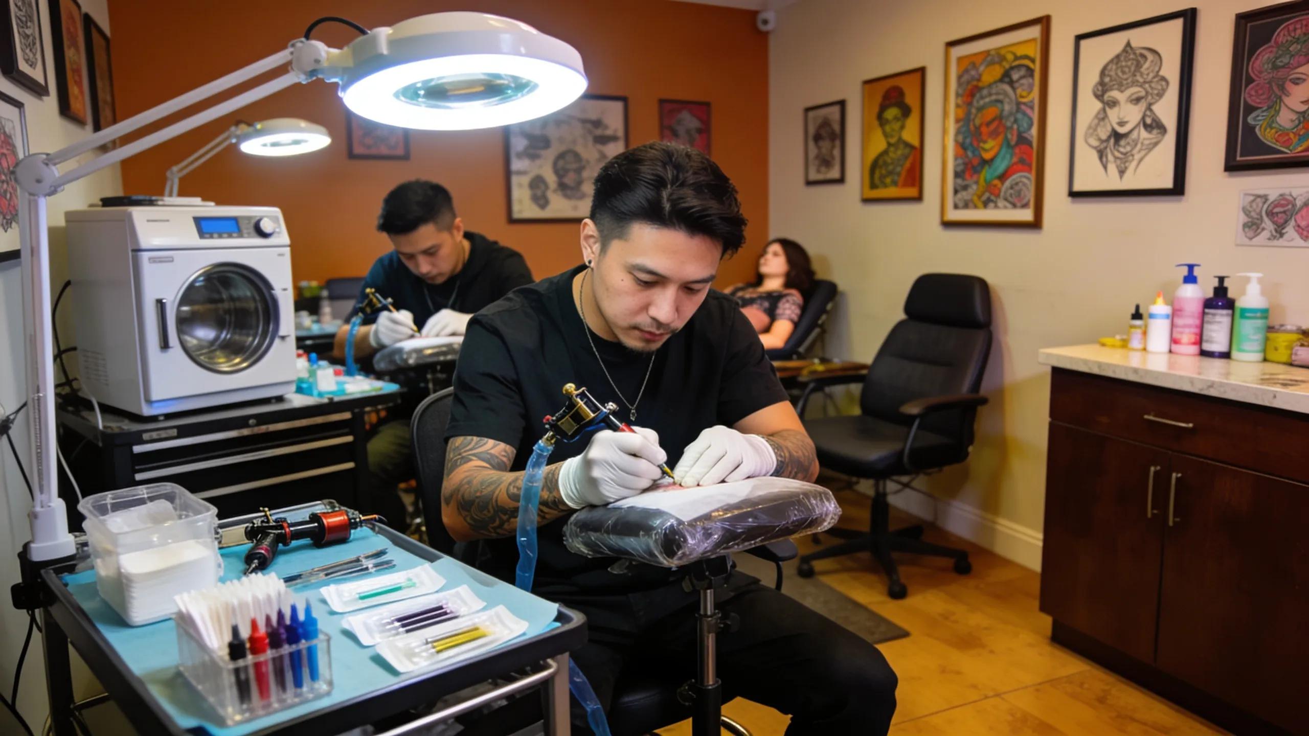 Tattoo shop interior with professional artists at work, emphasizing safety and hygiene