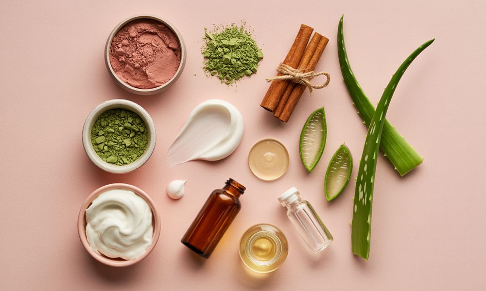 An overhead flat lay of natural ingredients like aloe vera, oils, and creams creating gentle skin care products for sensitive skin.