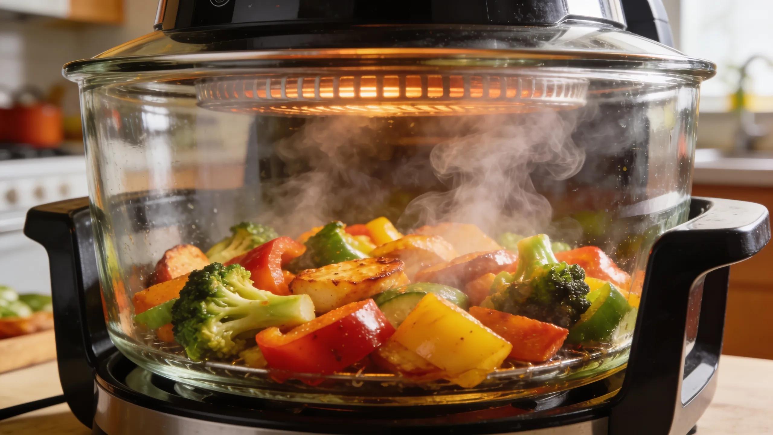 Close-up of a glass air fryer showing vibrant food cooked inside, illustrating the benefits of its transparency