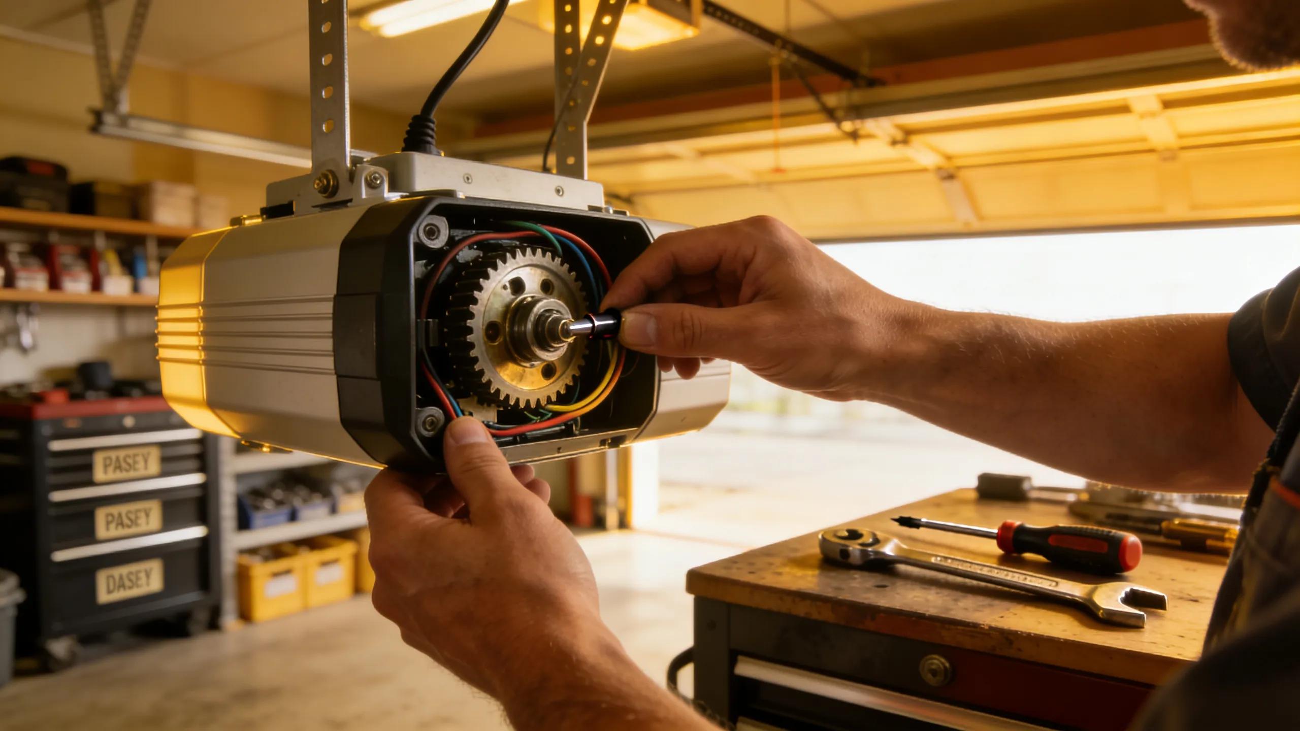 A technician inspecting a garage door opener, emphasizing the importance of maintenance and repair solutions