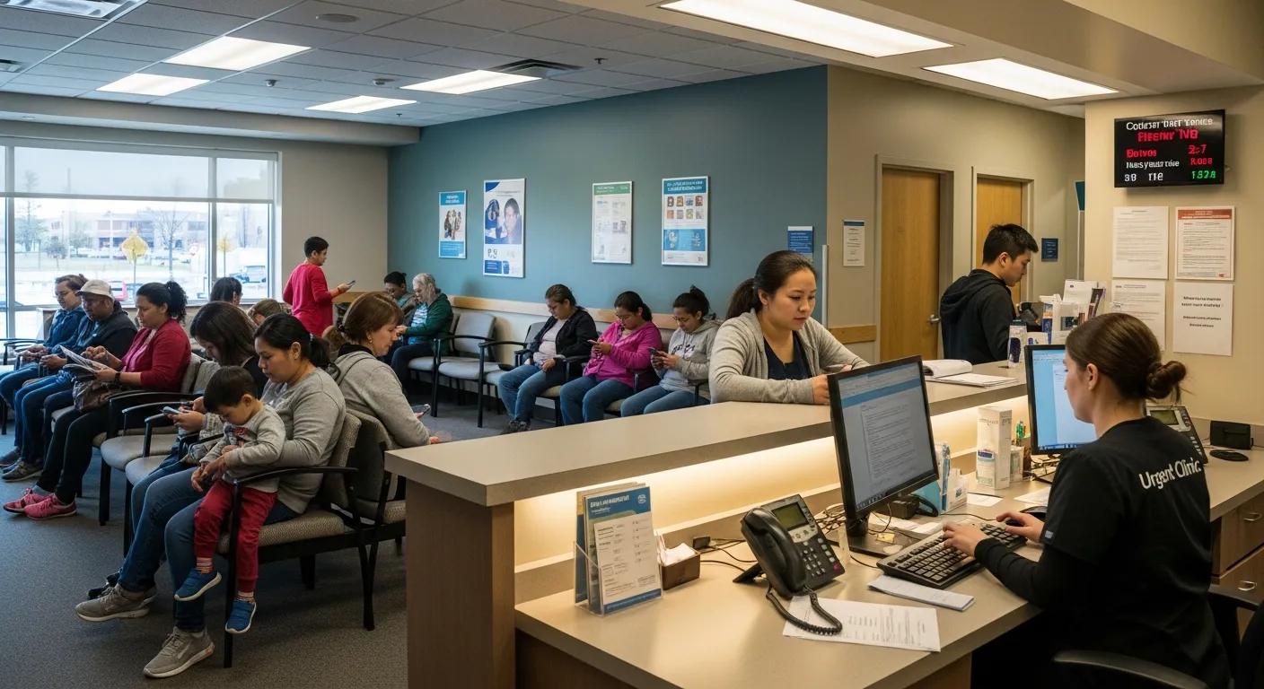 Busy urgent care clinic waiting area with patients and a receptionist