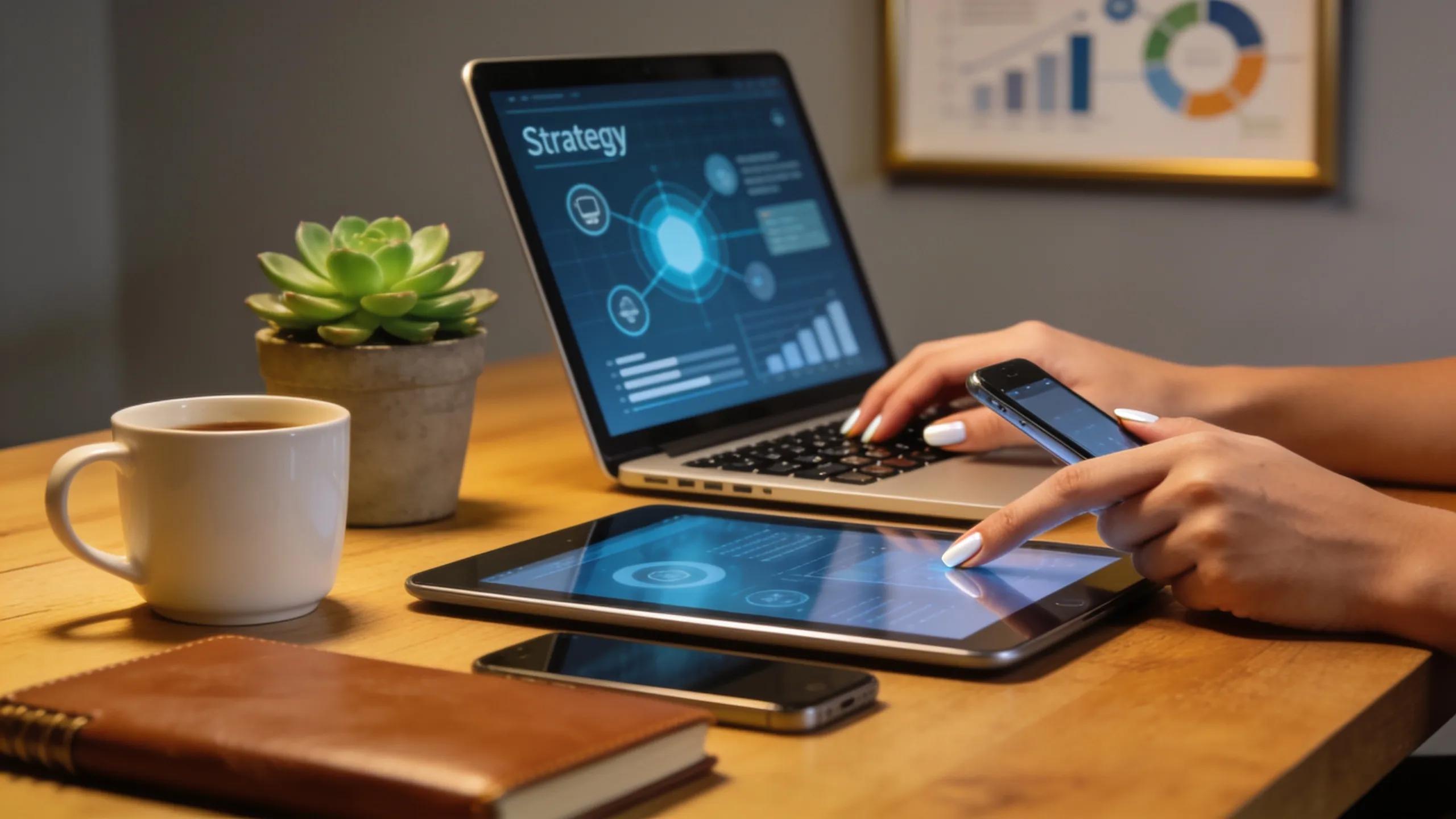 Digital tools enhancing online visibility for coaches and educators in a modern office