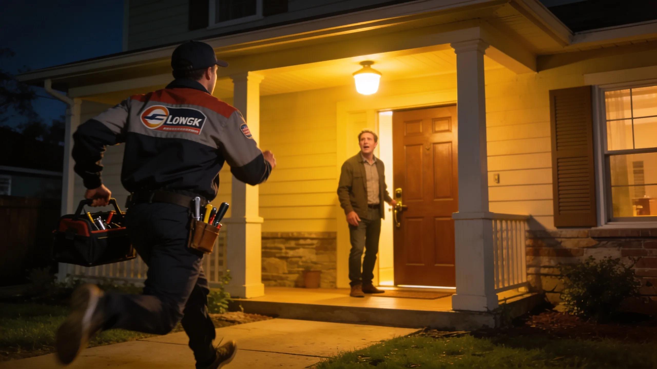 Emergency locksmith responding quickly to a homeowner's call, showcasing prompt service and reliability.