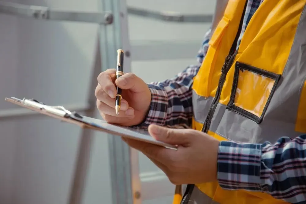 Construction worker reviewing compliance standards and safety equipment on-site