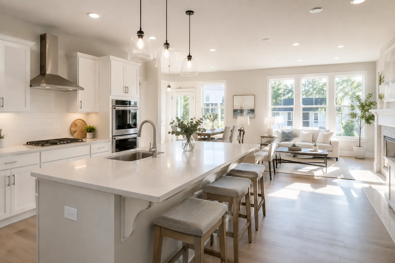 An interior photo of a newly completed Northern Virginia home showing an open-concept kitchen and living area with modern finishes and natural light. An interior photo of a newly completed Northern Virginia home showing an open-concept kitchen and living area with modern finishes and natural light.