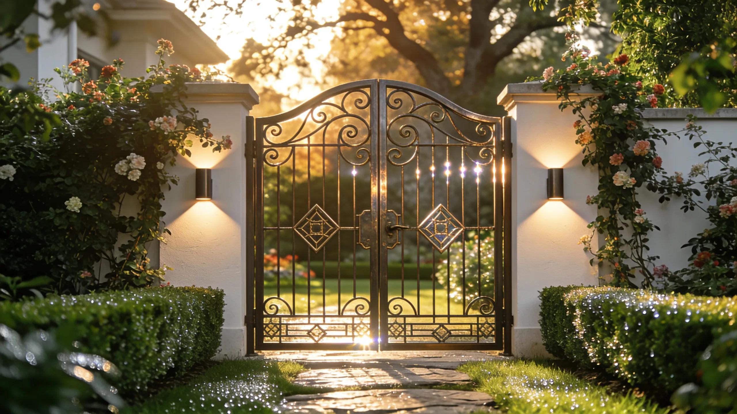 Elegant custom metal gate design and ornamental ironwork for residential property.