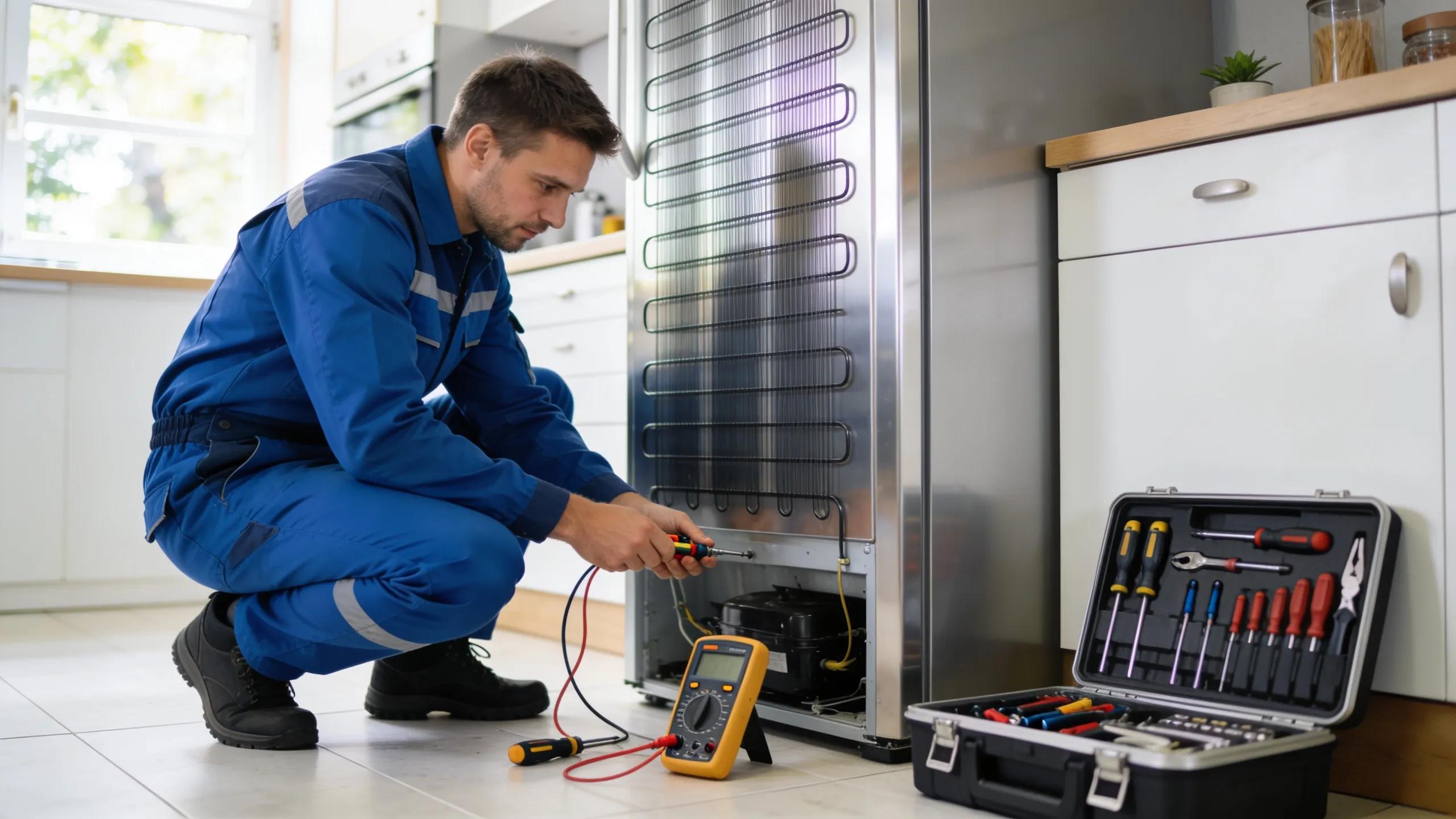 Technician inspecting a refrigerator in a bright kitchen, emphasizing reliable repair services