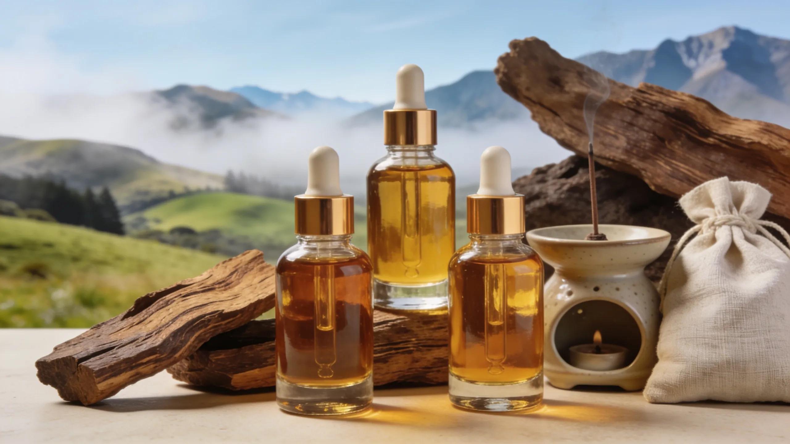 Bottles of oud oil with agarwood and aromatherapy tools, symbolising natural wellness in New Zealand