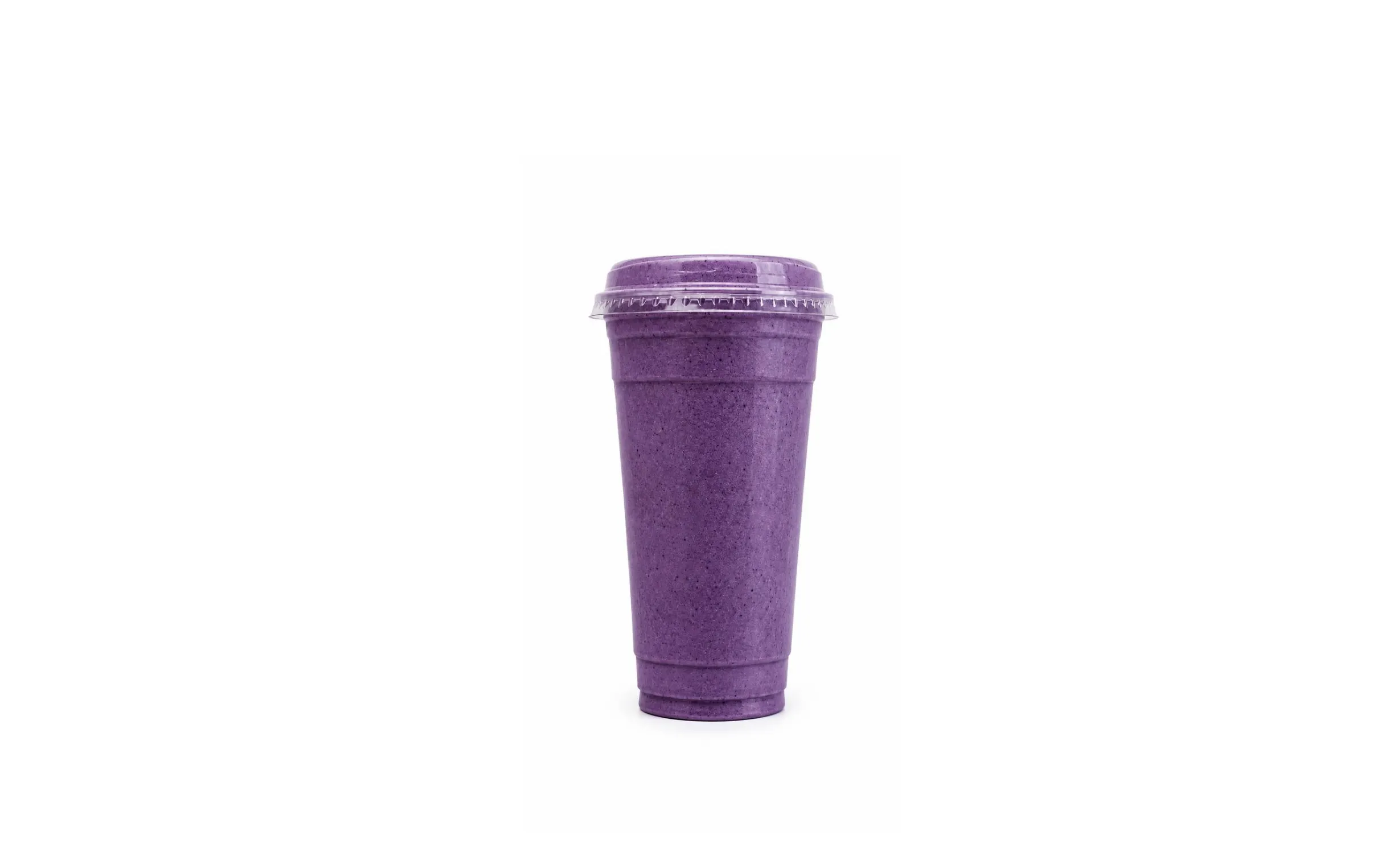 Purple protein smoothie in a clear cup with a lid at Fuel Up Energy Cafe