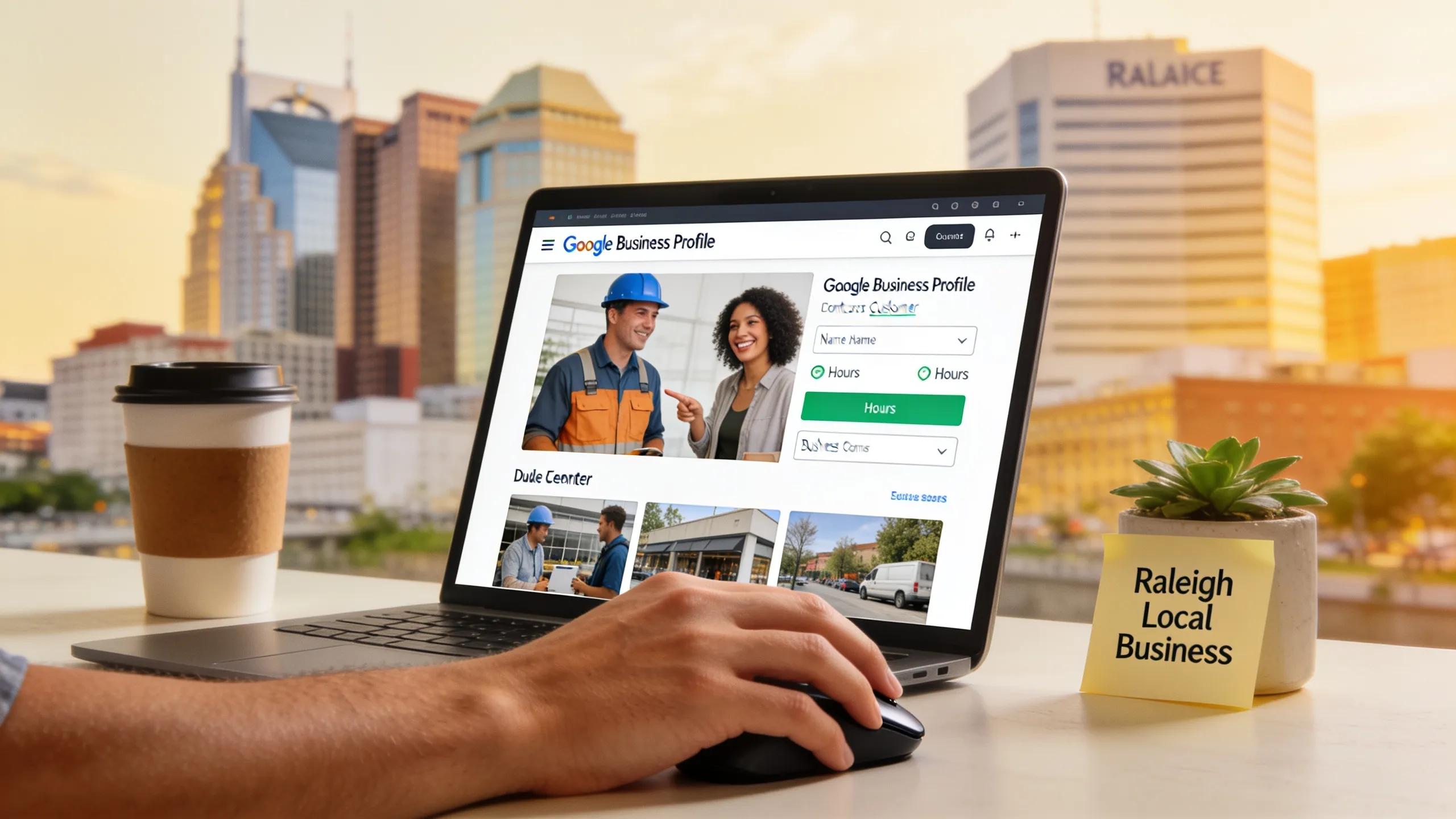Contractor optimizing Google Business Profile on a laptop with local elements in the background