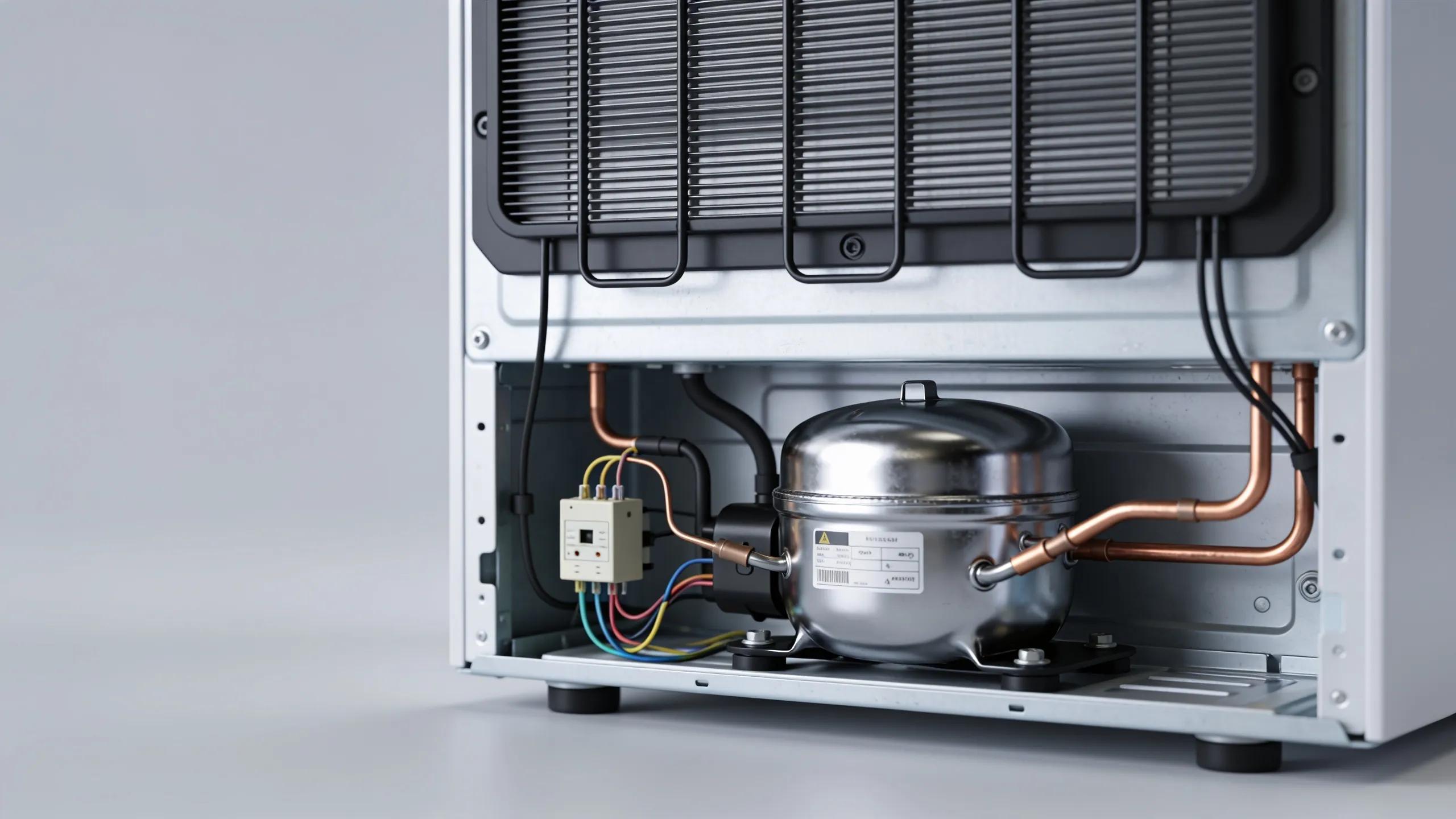 Close-up view of refrigerator components like compressor and thermostat, illustrating essential repair knowledge