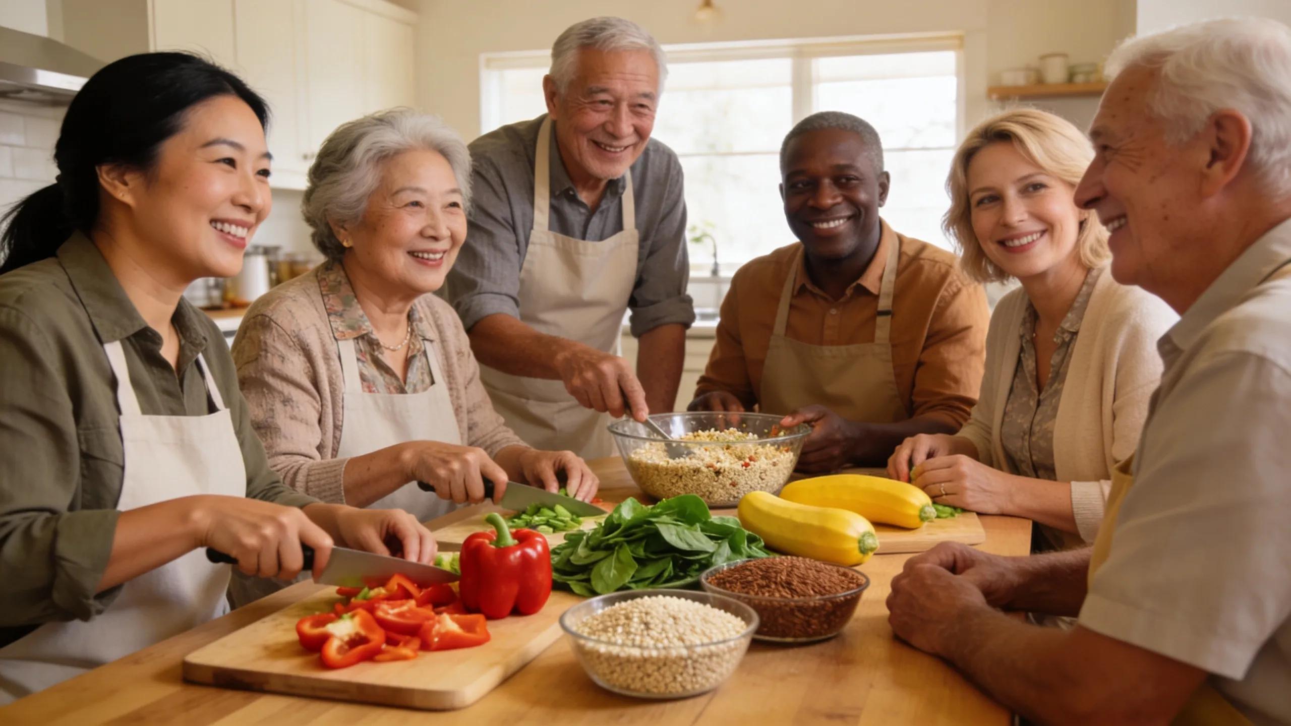 Seniors engaging in a cooking class focused on affordable and nutritious meal preparation, demonstrating community support