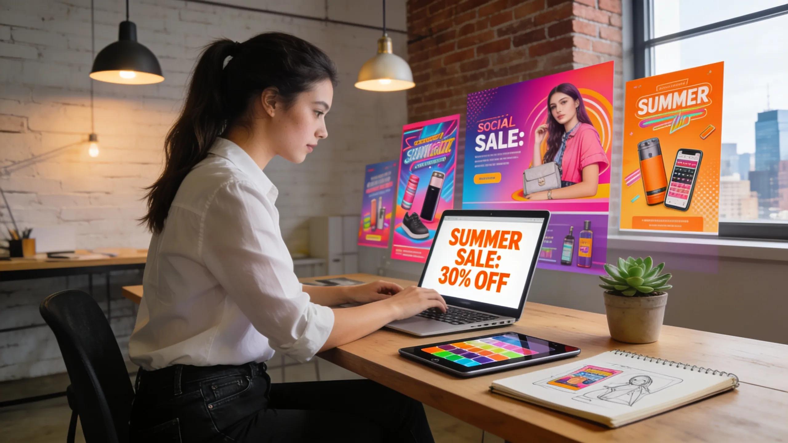 Creative designer working on vibrant social media ad designs in a stylish office