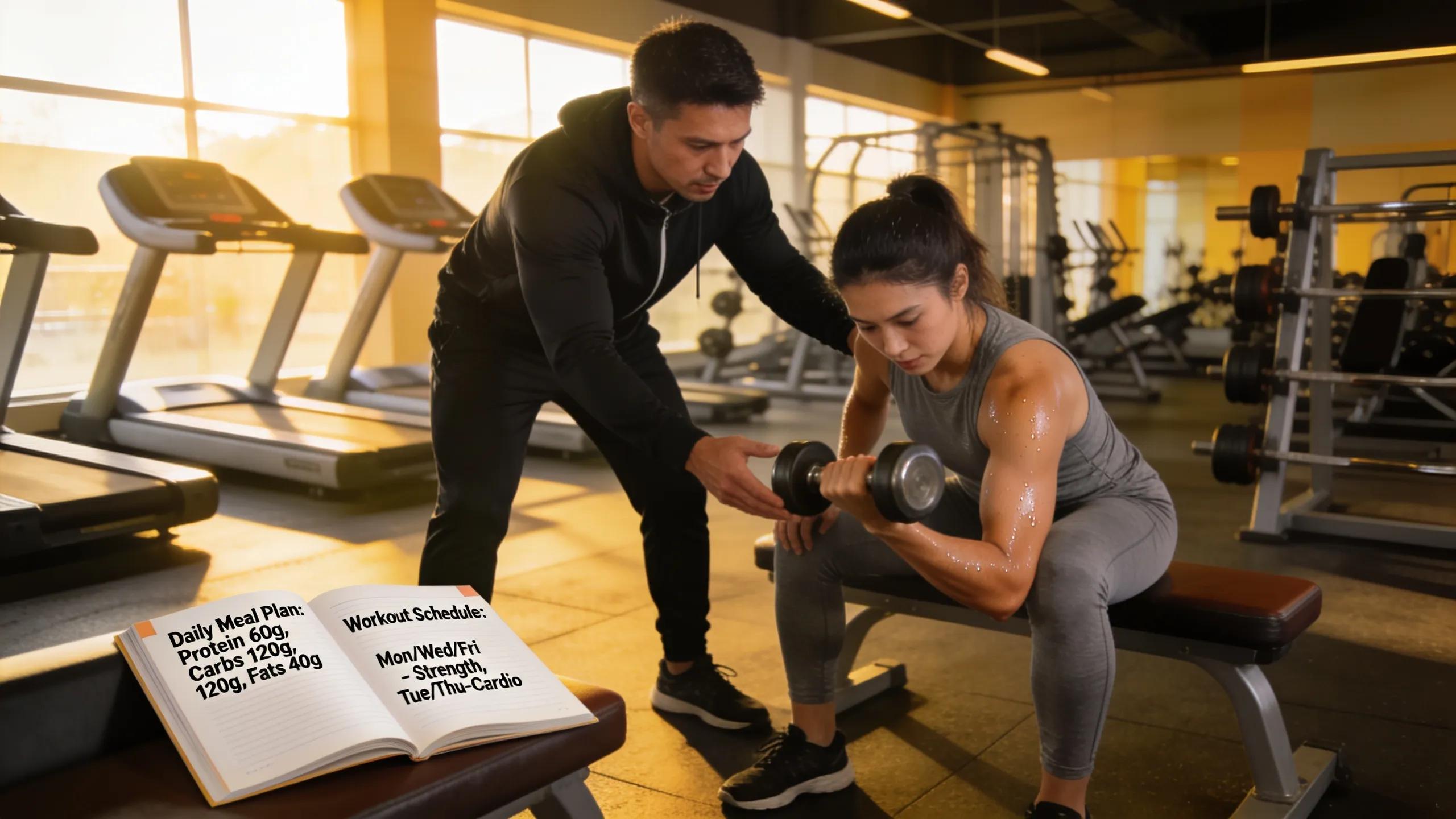 Personal trainer coaching client in gym, integrating fitness with nutritional guidance