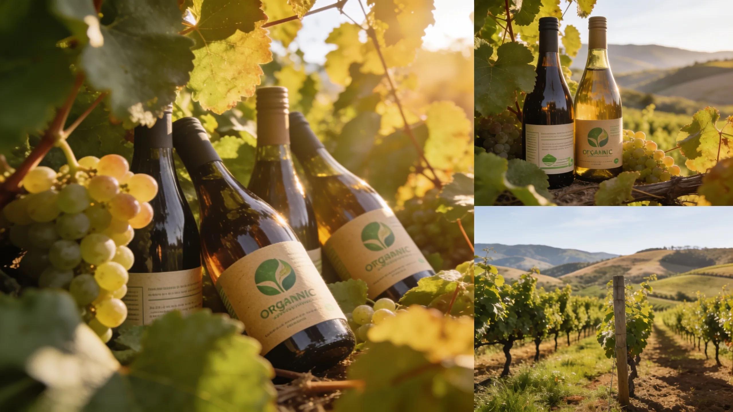 Selection of sustainable wines in an organic vineyard with grapevines and scenic hills in the background