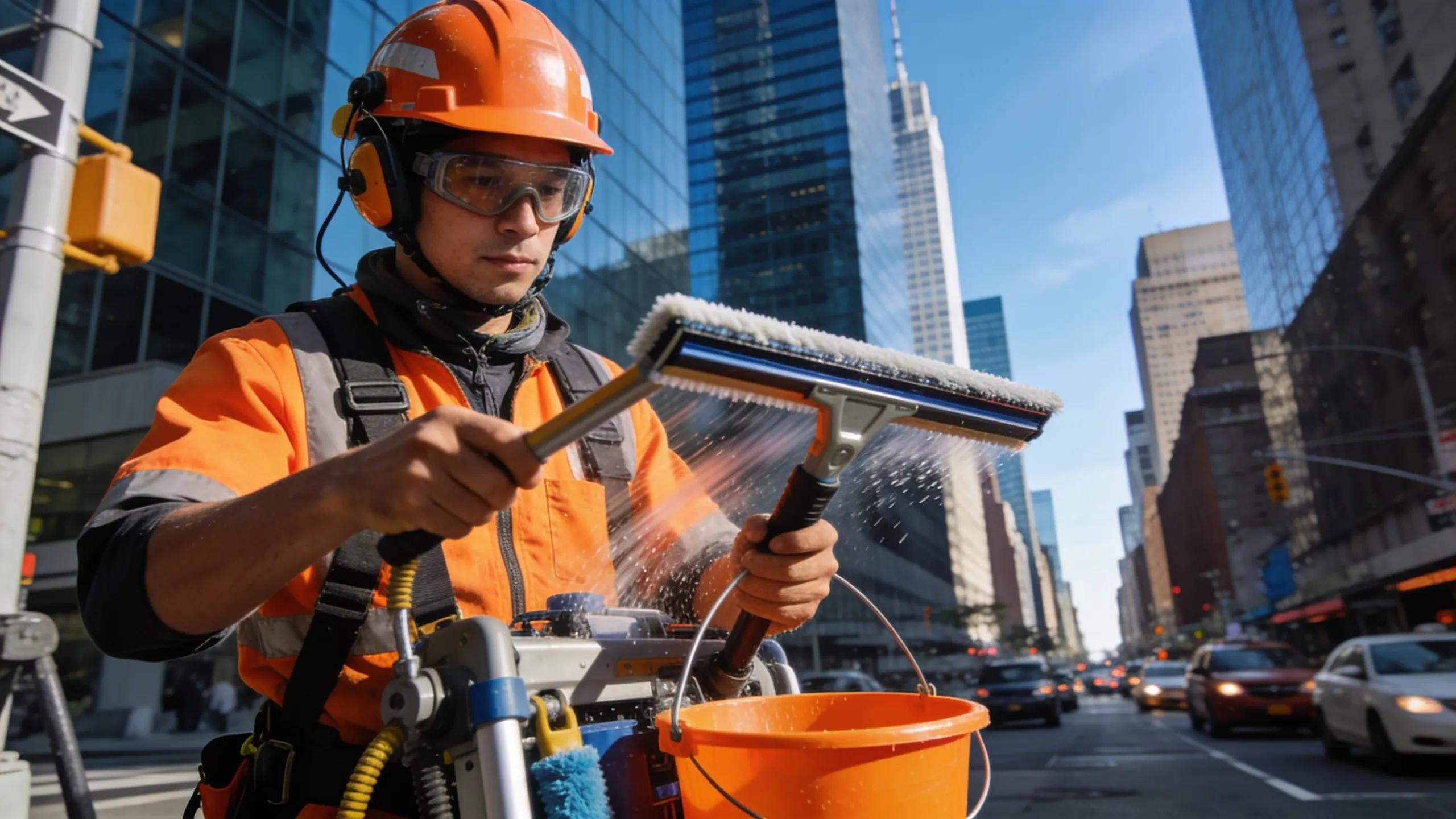 Technician in PPE inspecting window cleaning equipment in an urban setting
